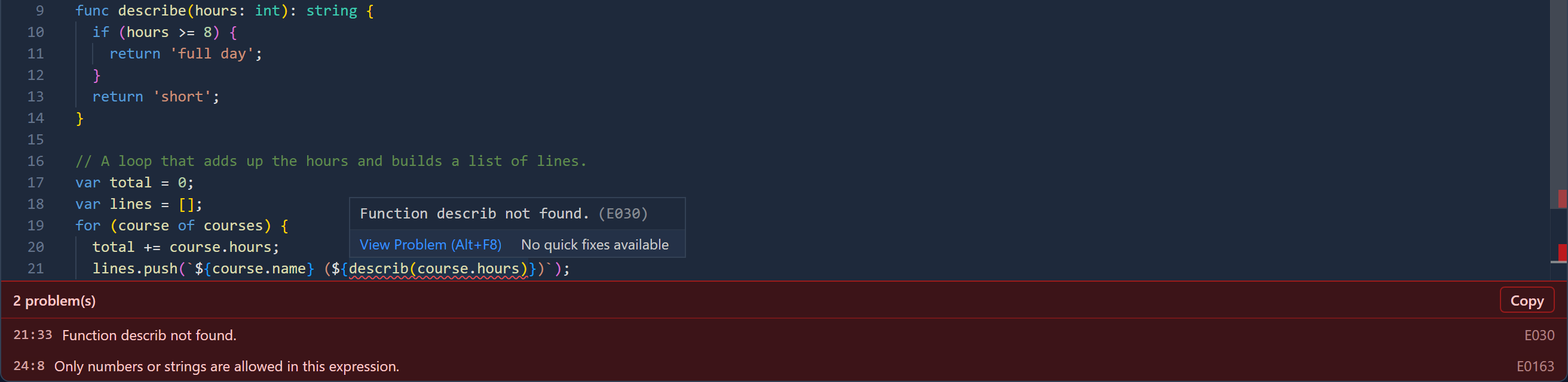 A hover box over the underlined describ call: Function describ not found. (E030), with View Problem (Alt+F8) below