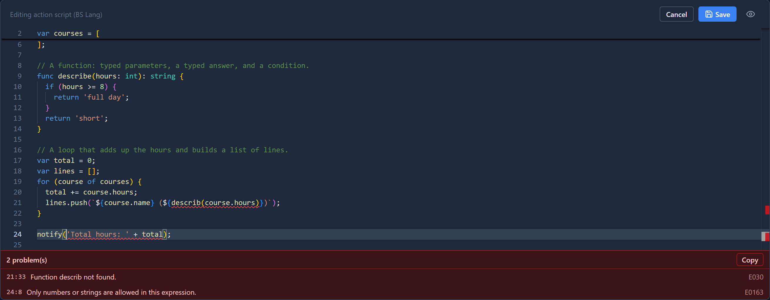 The script scrolled down to line 24, which is highlighted with the caret inside notify(, and the problems list still shows both problems