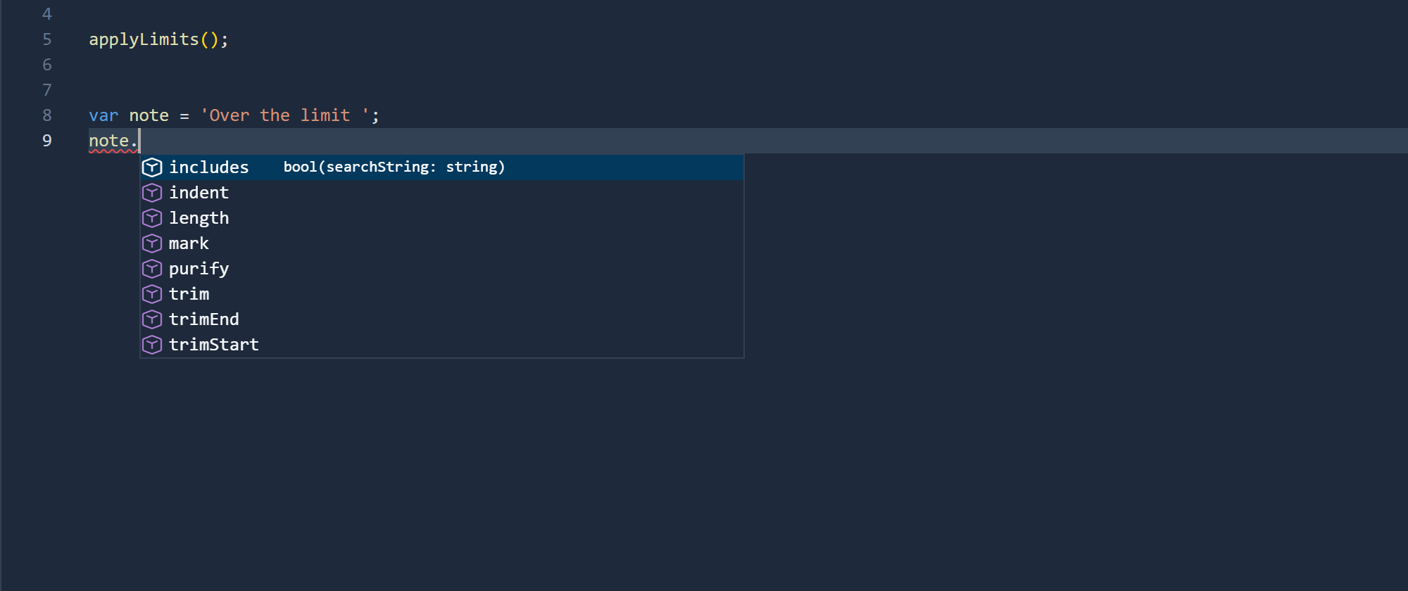 Completion after typing note.: includes with bool(searchString: string), indent, length, mark, purify, trim, trimEnd and trimStart
