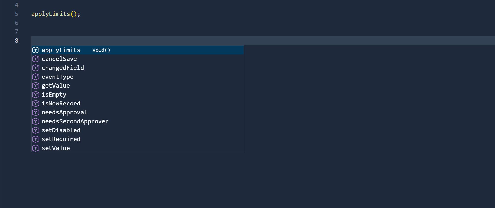 Completion opened with Ctrl+Space on an empty line: applyLimits void() at the top, then the rule's functions and needsApproval and needsSecondApprover from the imported script