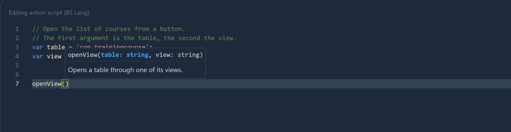 The BS editor with openView( typed on line 7 and a hint above it: openView(table: string, view: string), with table: string in bold, and the description Opens a table through one of its views.