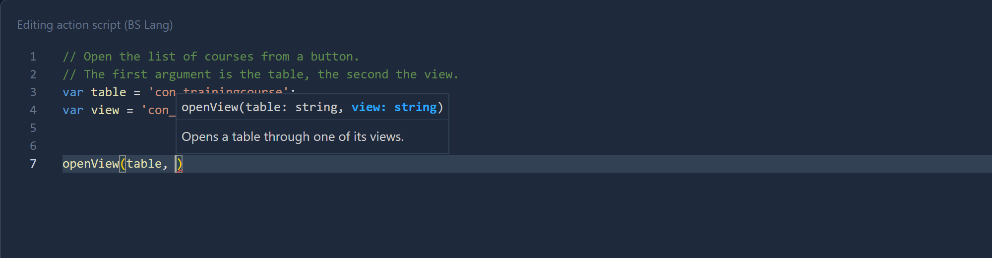 The same hint after typing openView(table, : now view: string is in bold