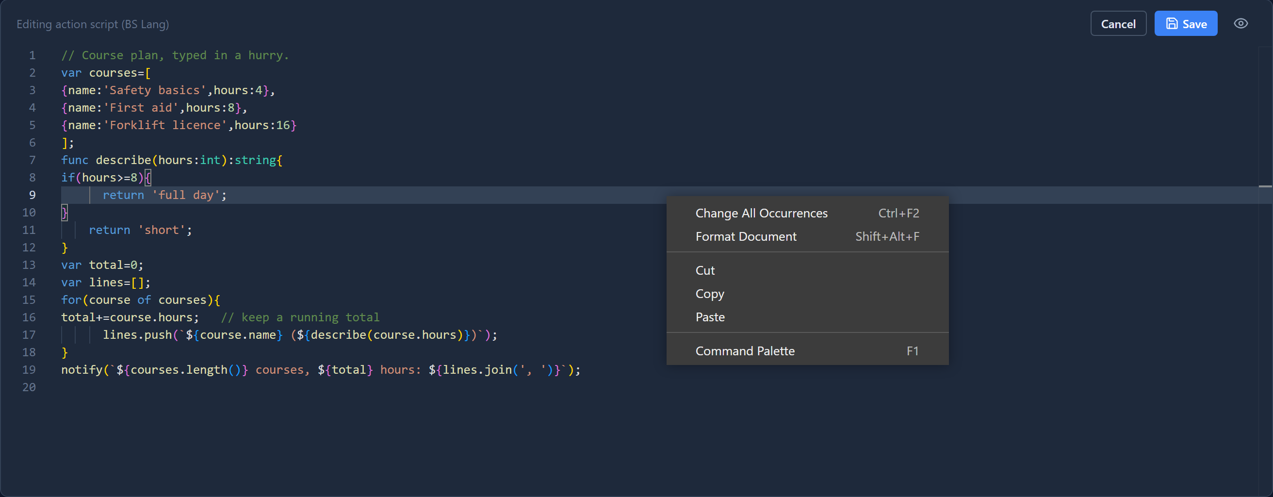 The editor's right-click menu with Change All Occurrences, Format Document (Shift+Alt+F), Cut, Copy, Paste and Command Palette