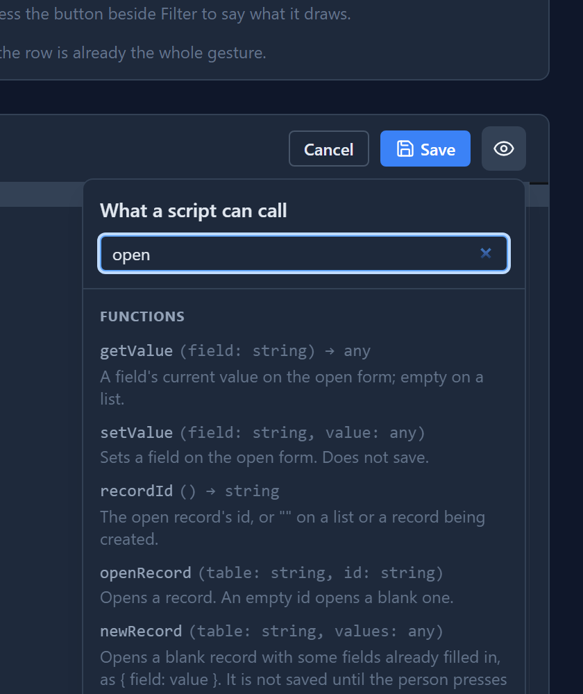 The panel with open typed in the search box. The list shows getValue, setValue and recordId, whose descriptions mention the open form, and then openRecord, newRecord, openView, openDashboard, openScreen and openUrl
