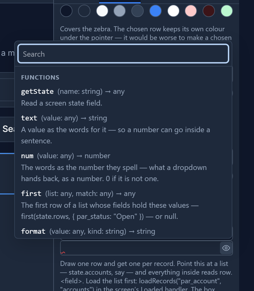 The helpers panel open over the inspector, with a Search box and FUNCTIONS: getState(name: string) → any, Read a screen state field; text, num, first and format, each with a description