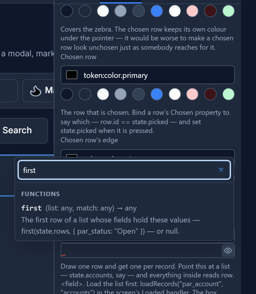 The helpers panel with first typed in the search box, showing one entry: first(list: any, match: any) → any, The first row of a list whose fields hold these values