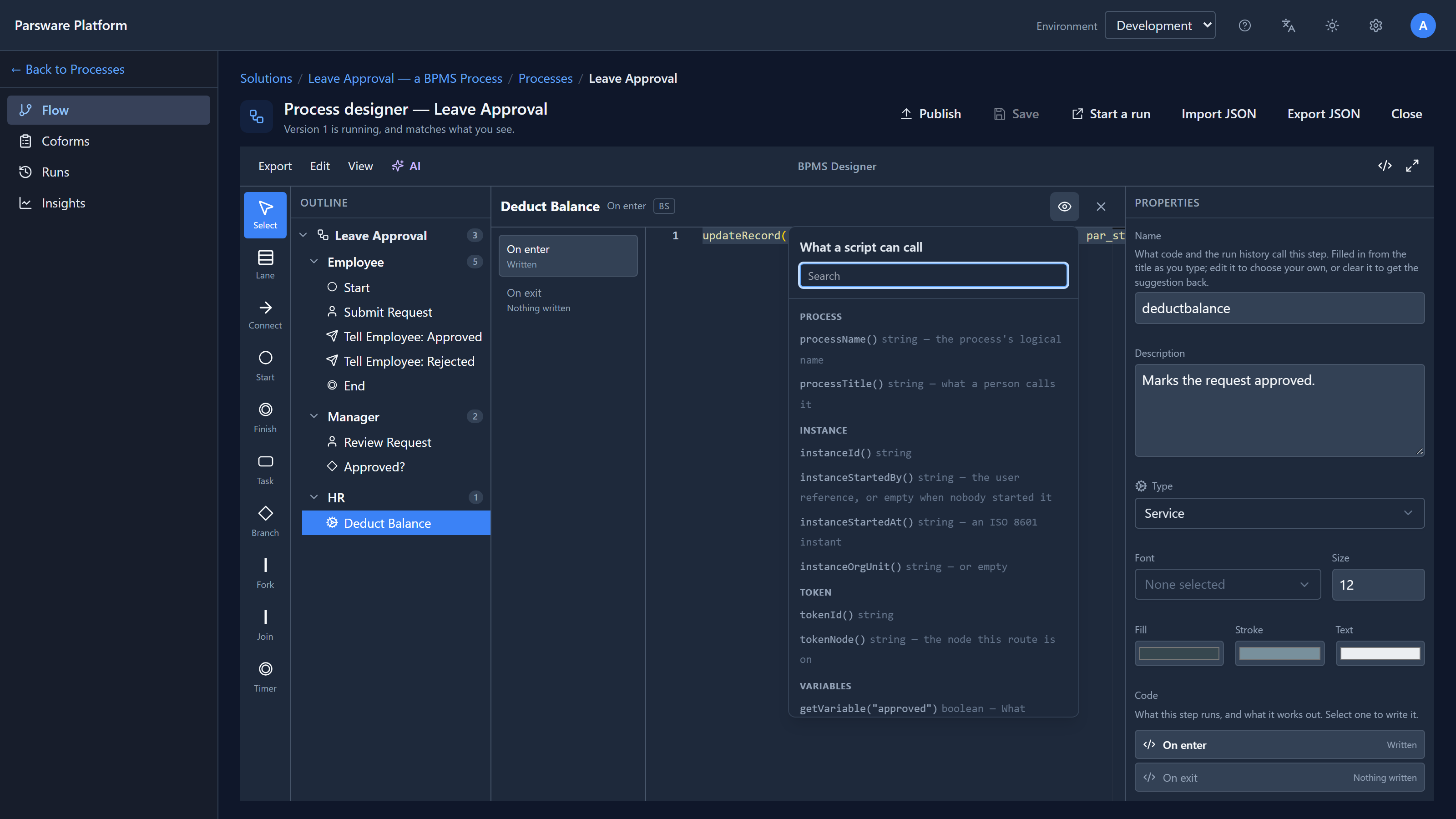 The process designer with Deduct Balance selected and the panel open over its On enter script. It starts with groups PROCESS (processName, processTitle), INSTANCE (instanceId, instanceStartedBy, instanceStartedAt, instanceOrgUnit), TOKEN (tokenId, tokenNode) and VARIABLES (getVariable("approved"), boolean)