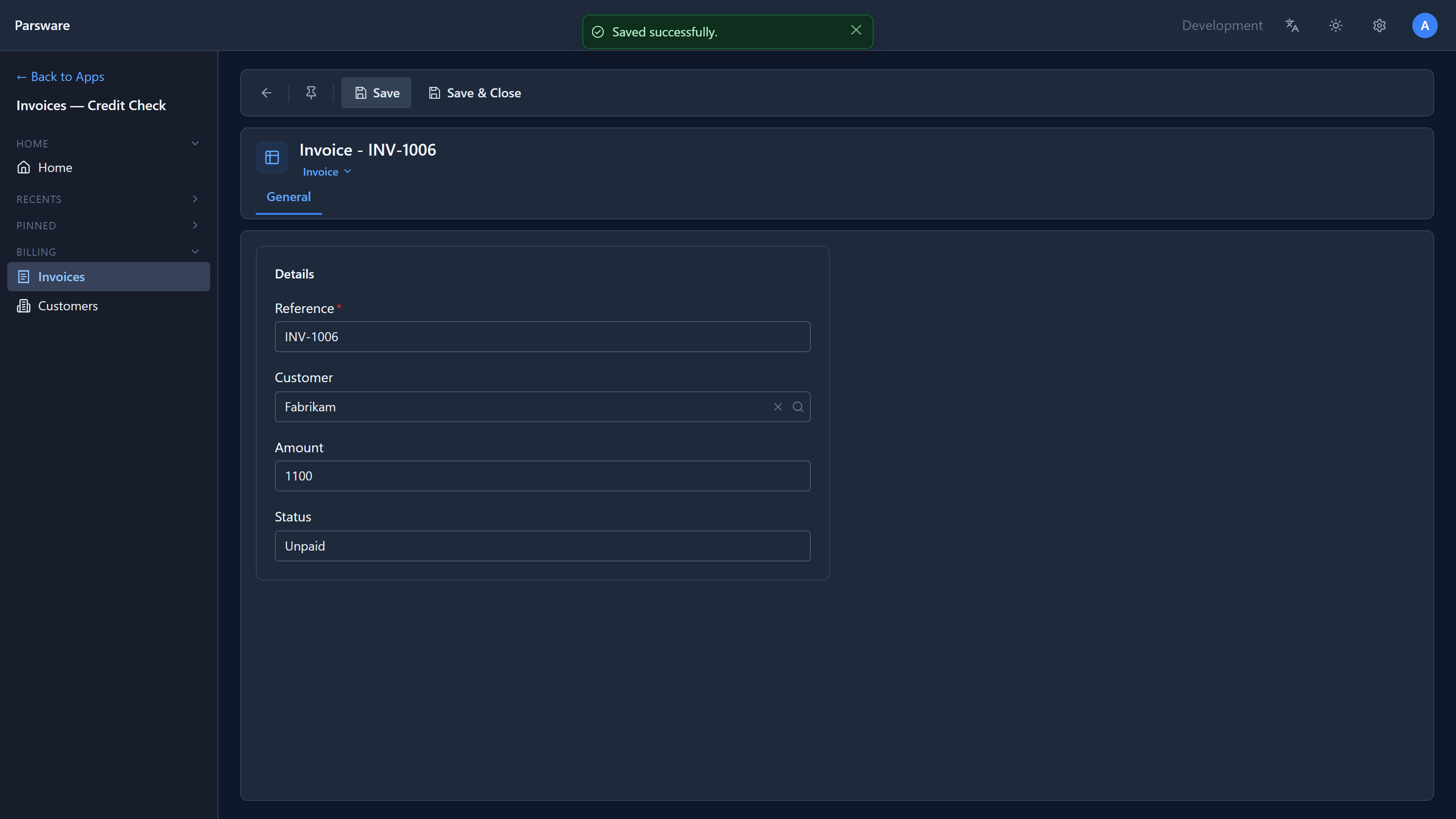The same form after saving, with the amount 1100 and Saved successfully.
