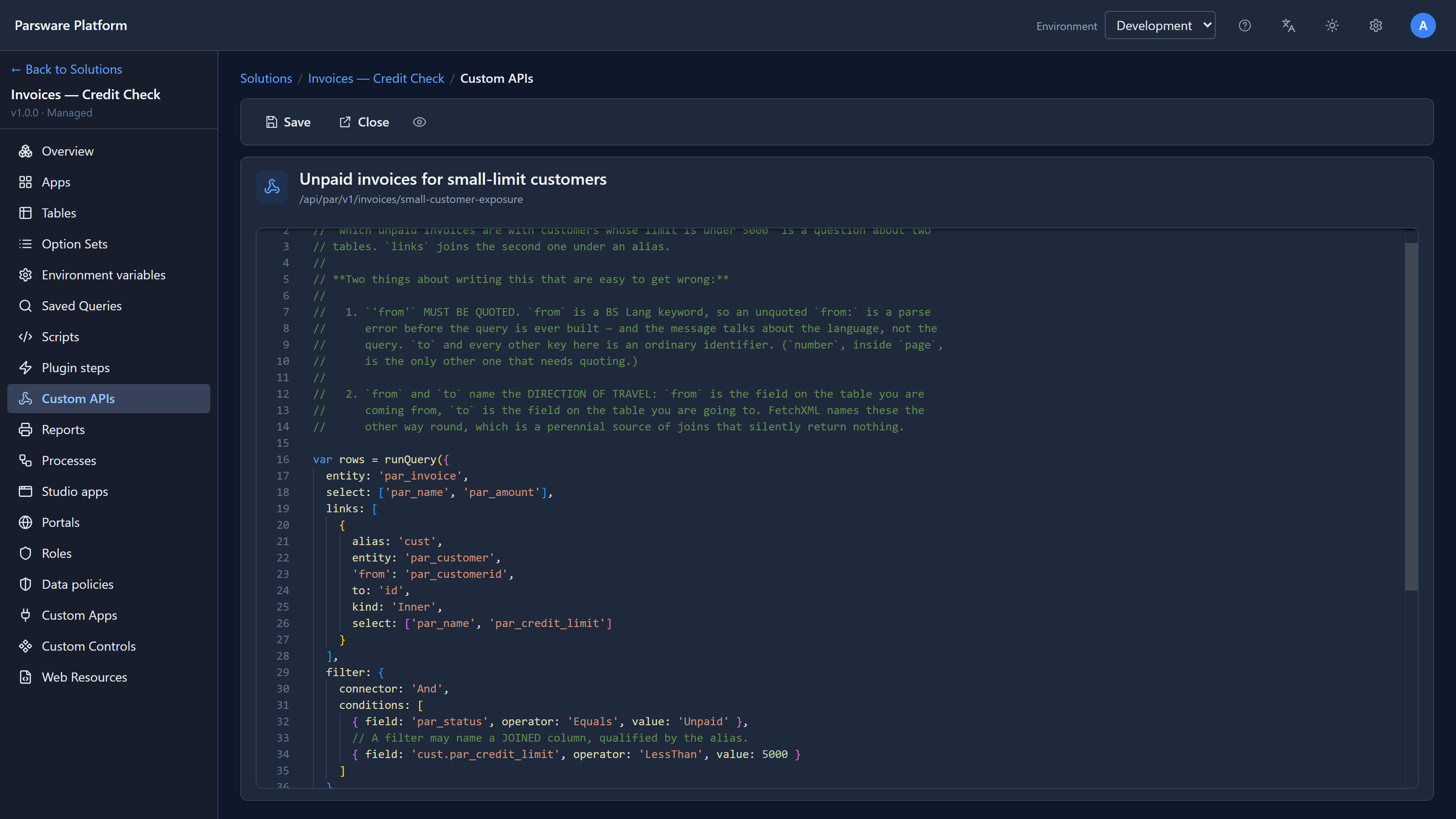 The Custom API's script: runQuery on par_invoice selecting par_name and par_amount, with links holding one entry: alias cust, entity par_customer, 'from' par_customerid, to id, kind Inner, select par_name and par_credit_limit. The filter has par_status Equals Unpaid and cust.par_credit_limit LessThan 5000