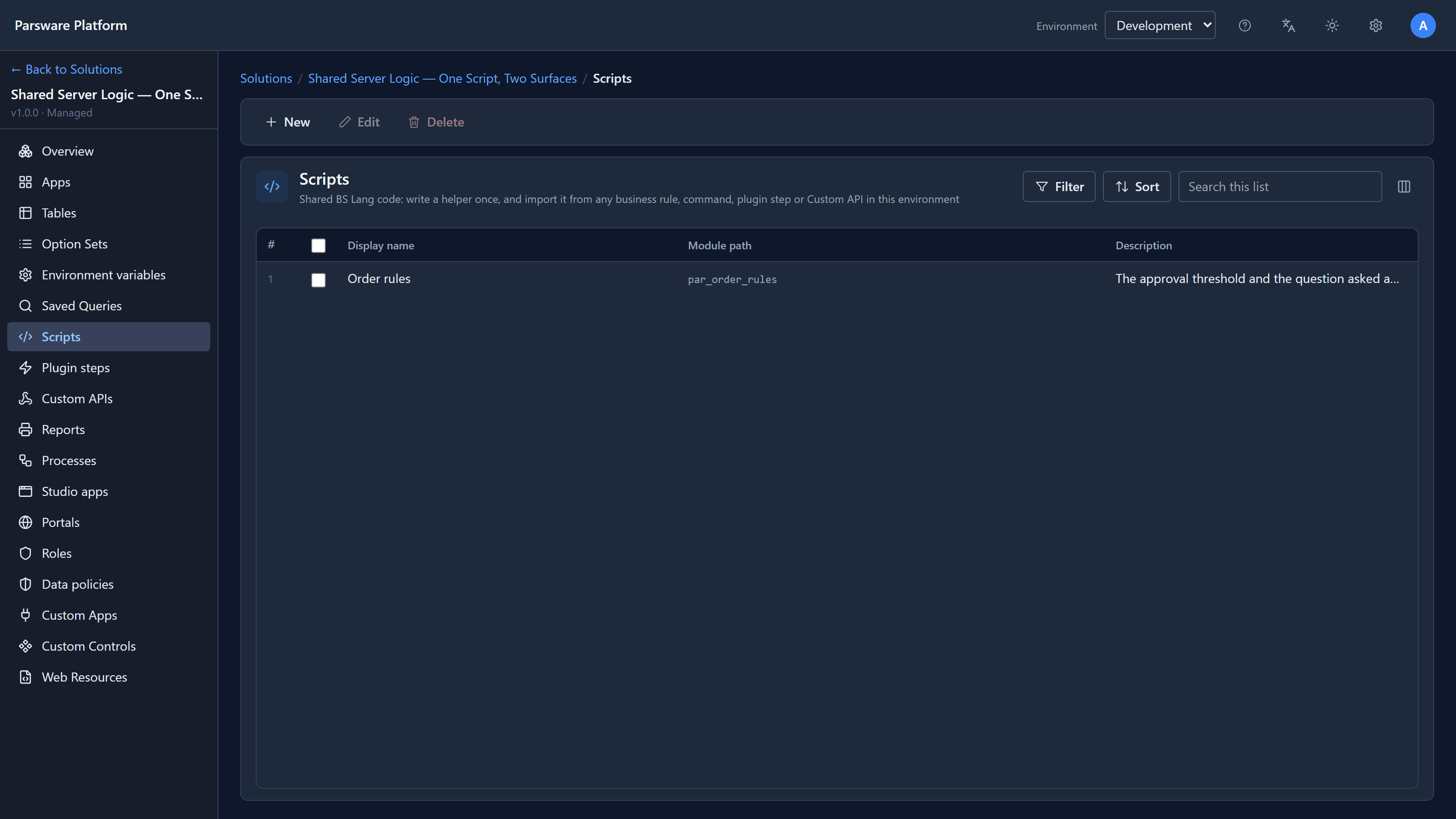 The Scripts list in the Shared Server Logic solution, with one script: Order rules, module path par_order_rules. The subtitle reads: Shared BS Lang code: write a helper once, and import it from any business rule, command, plugin step or Custom API in this environment