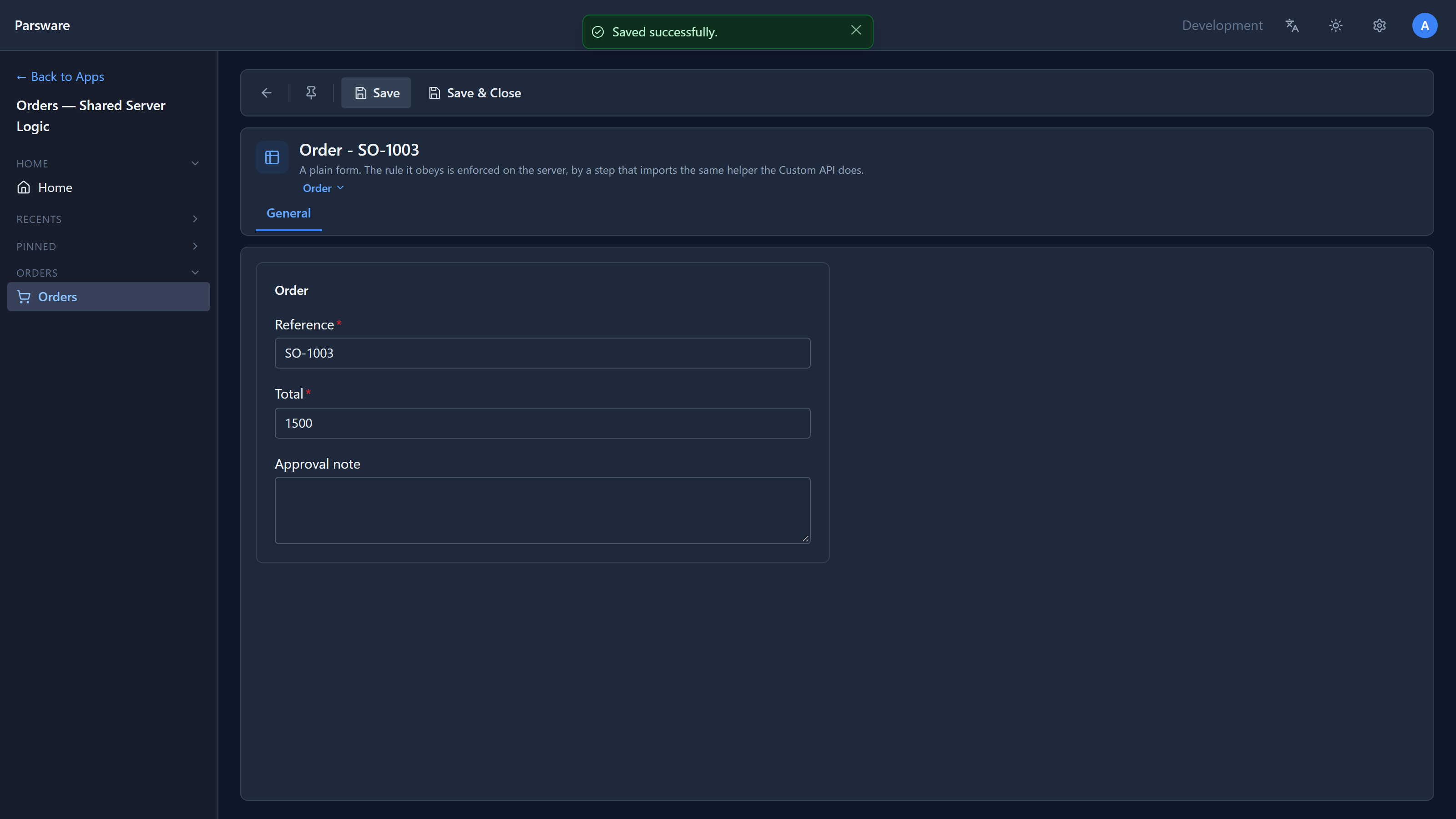 A new order SO-1003 with a total of 1500 and no approval note, saved