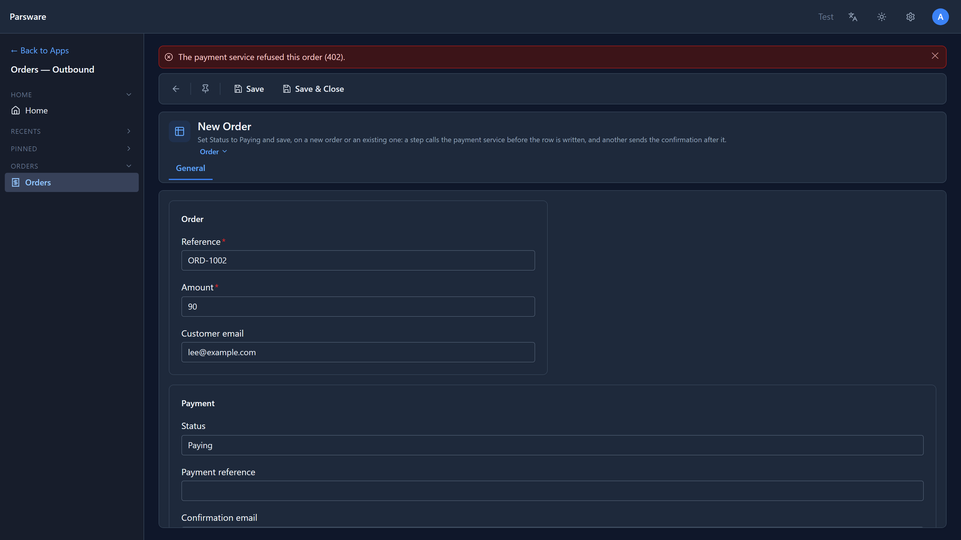 The New Order form for ORD-1002 with Status Paying and the message The payment service refused this order (402).
