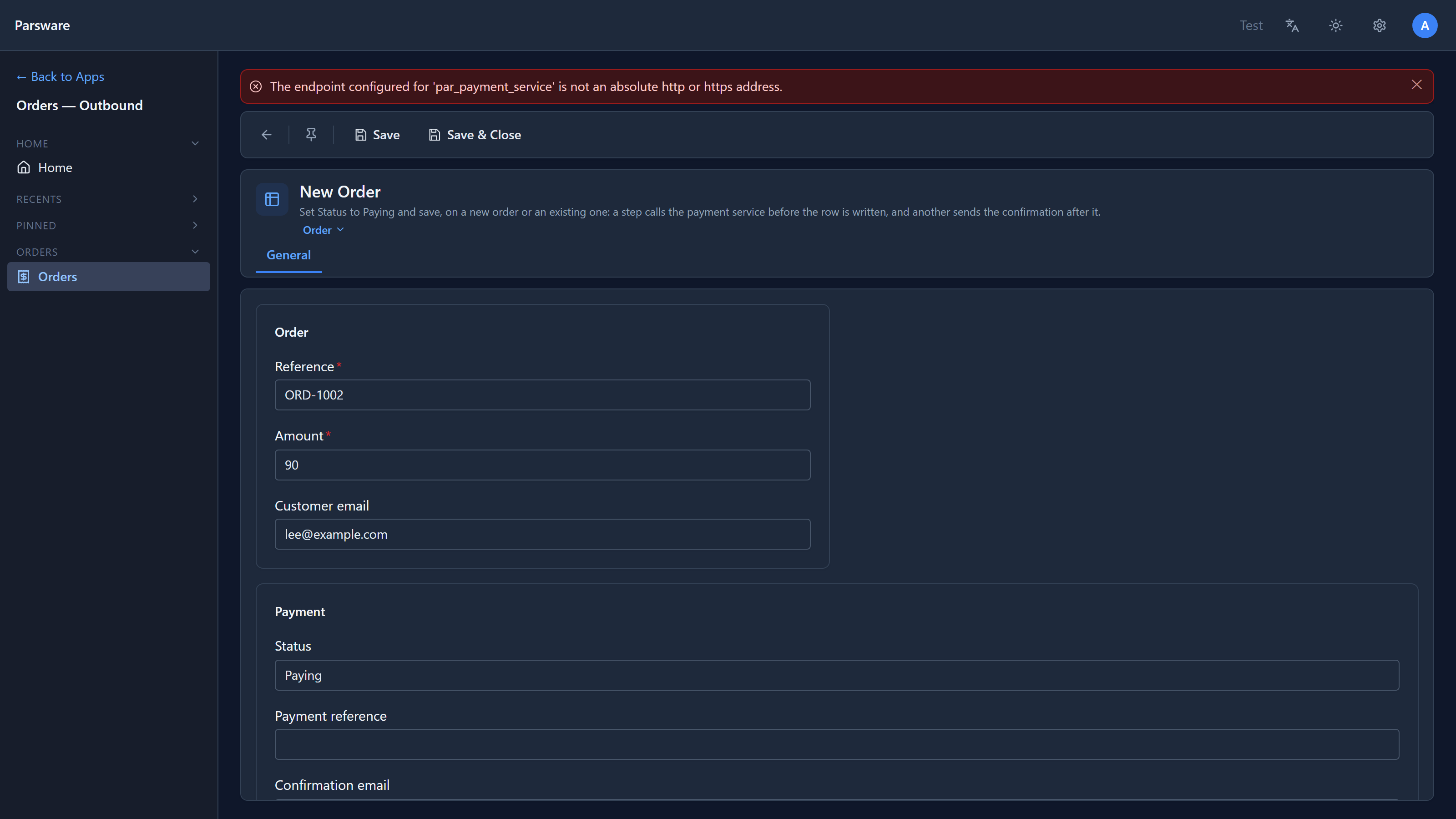 The same form with the message The endpoint configured for 'par_payment_service' is not an absolute http or https address.