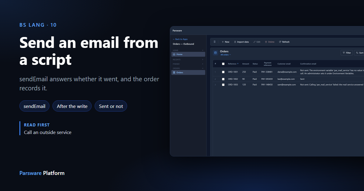 The Orders list with three paid orders and a Confirmation email column reading Not sent, Sent and Not sent with a reason, next to the title "Send an email from a script"