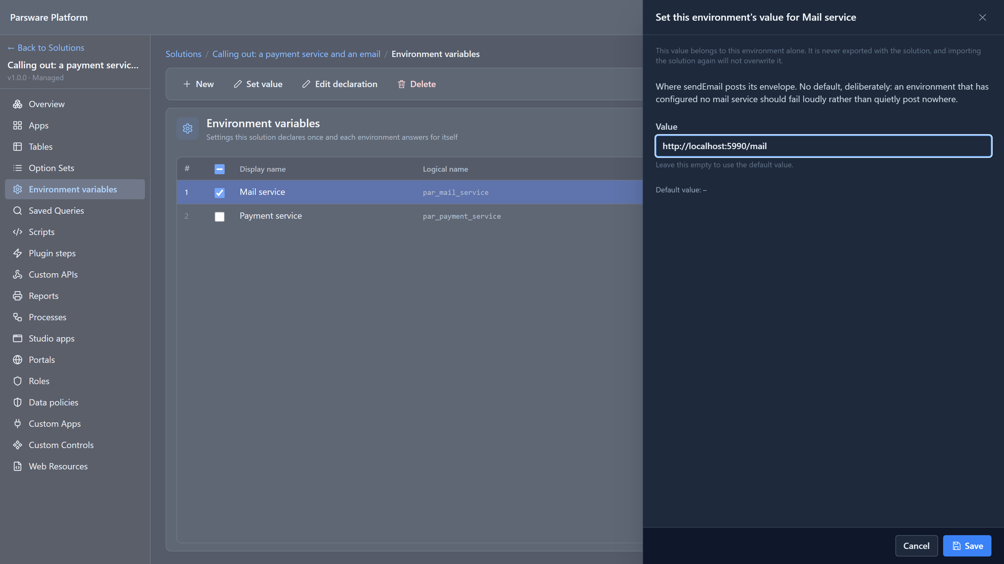 The Set value dialog for Mail service, with http://localhost:5990/mail in the Value box