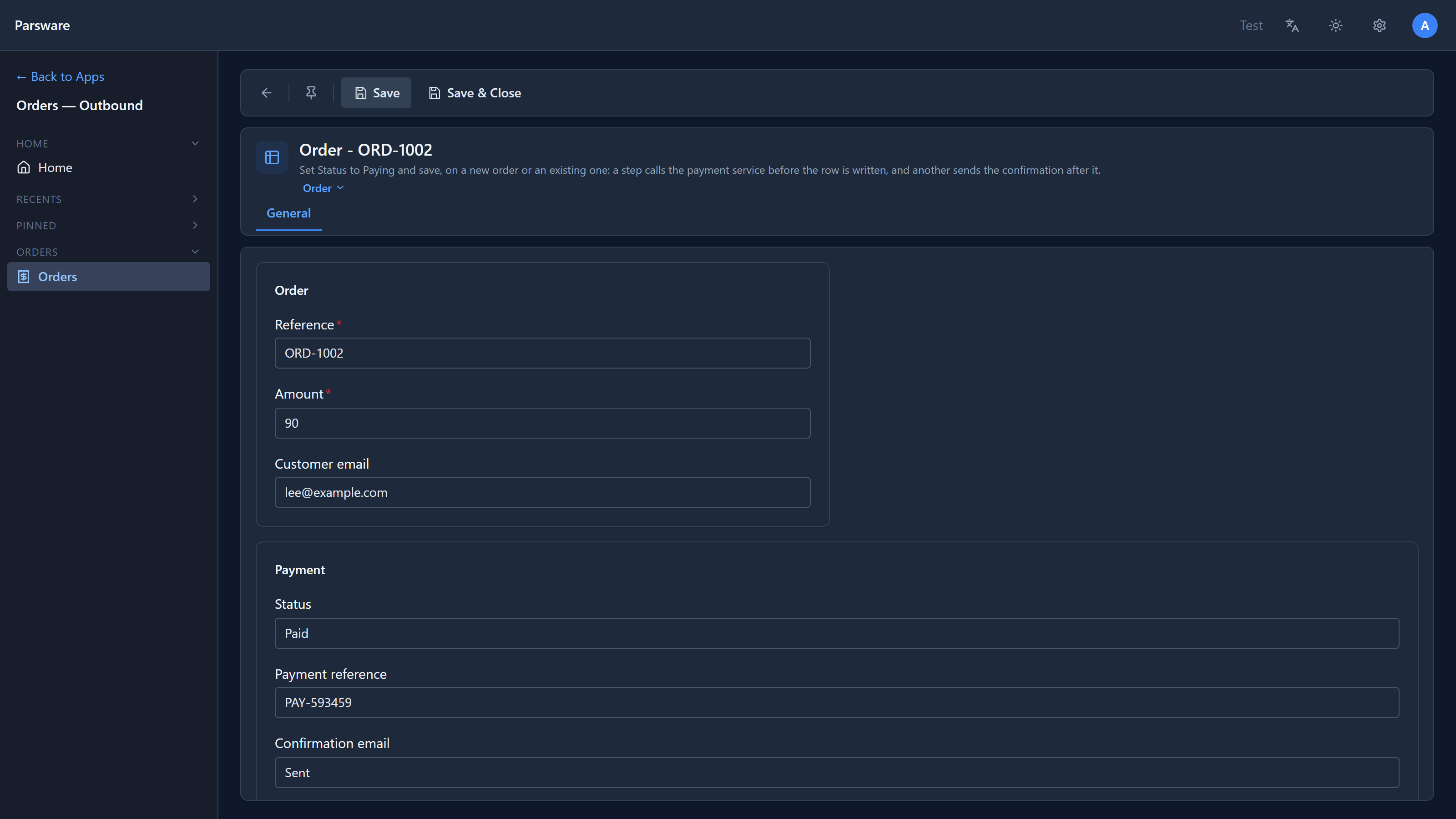 The saved order ORD-1002: Status Paid, Payment reference PAY-593459, Confirmation email Sent