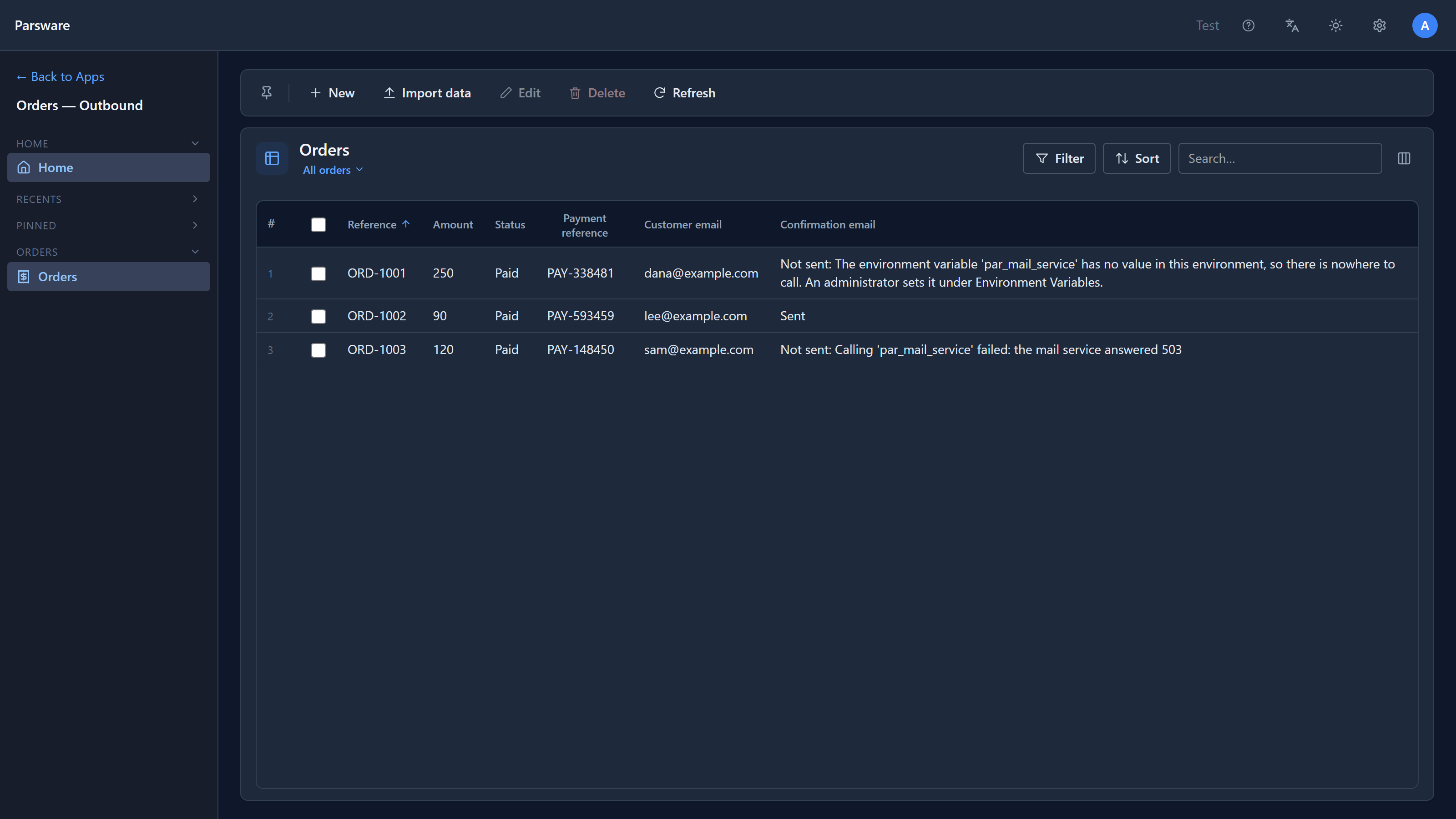 The Orders list: ORD-1001 Paid, Not sent because par_mail_service had no value; ORD-1002 Paid, Sent; ORD-1003 Paid, Not sent because the mail service answered 503