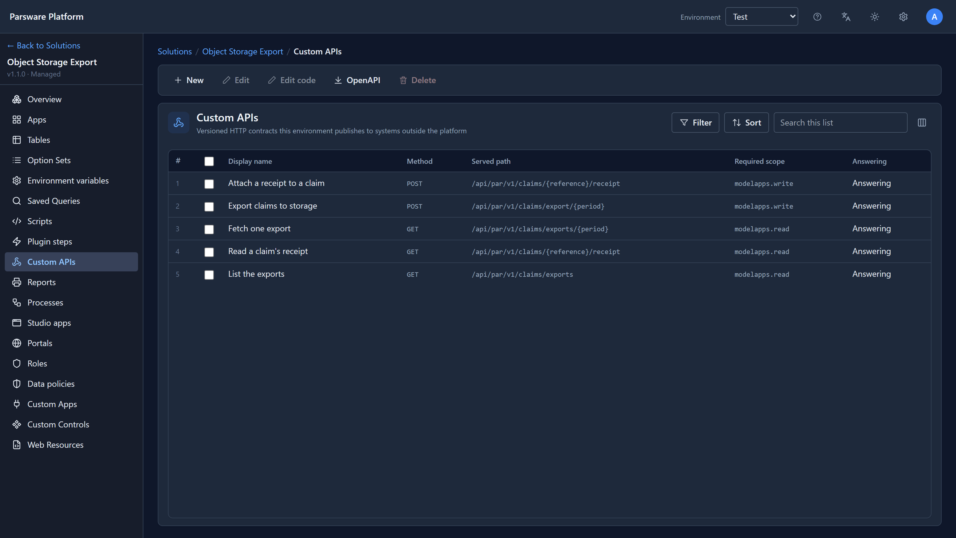 The Custom APIs of the sample: Attach a receipt to a claim, POST; Export claims to storage, POST; Fetch one export, GET; Read a claim's receipt, GET; List the exports, GET. All under /api/par/v1/claims.