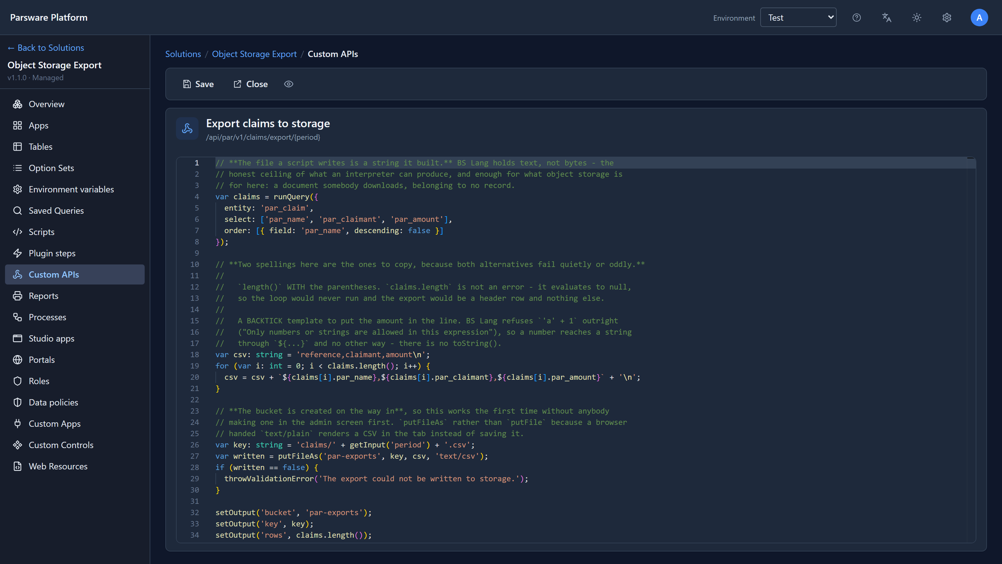 The Export claims to storage script: runQuery reads the claims, a loop adds one line per claim to a csv string, then putFileAs writes it to the par-exports bucket as text/csv