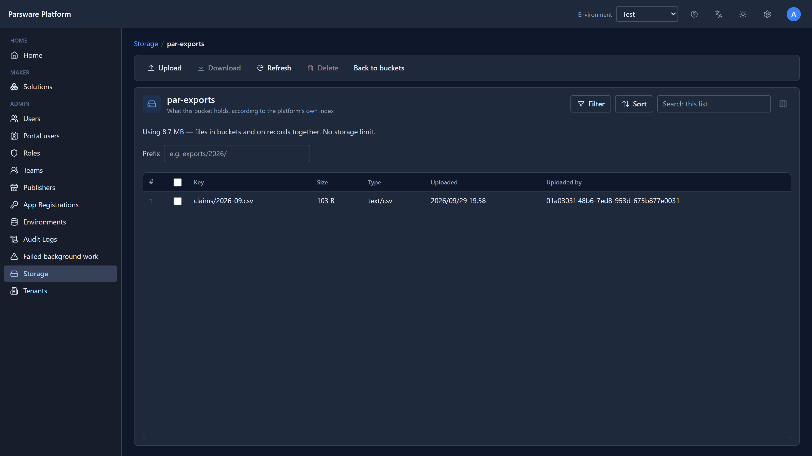 The Storage screen for the par-exports bucket: one file, claims/2026-09.csv, 103 B, text/csv