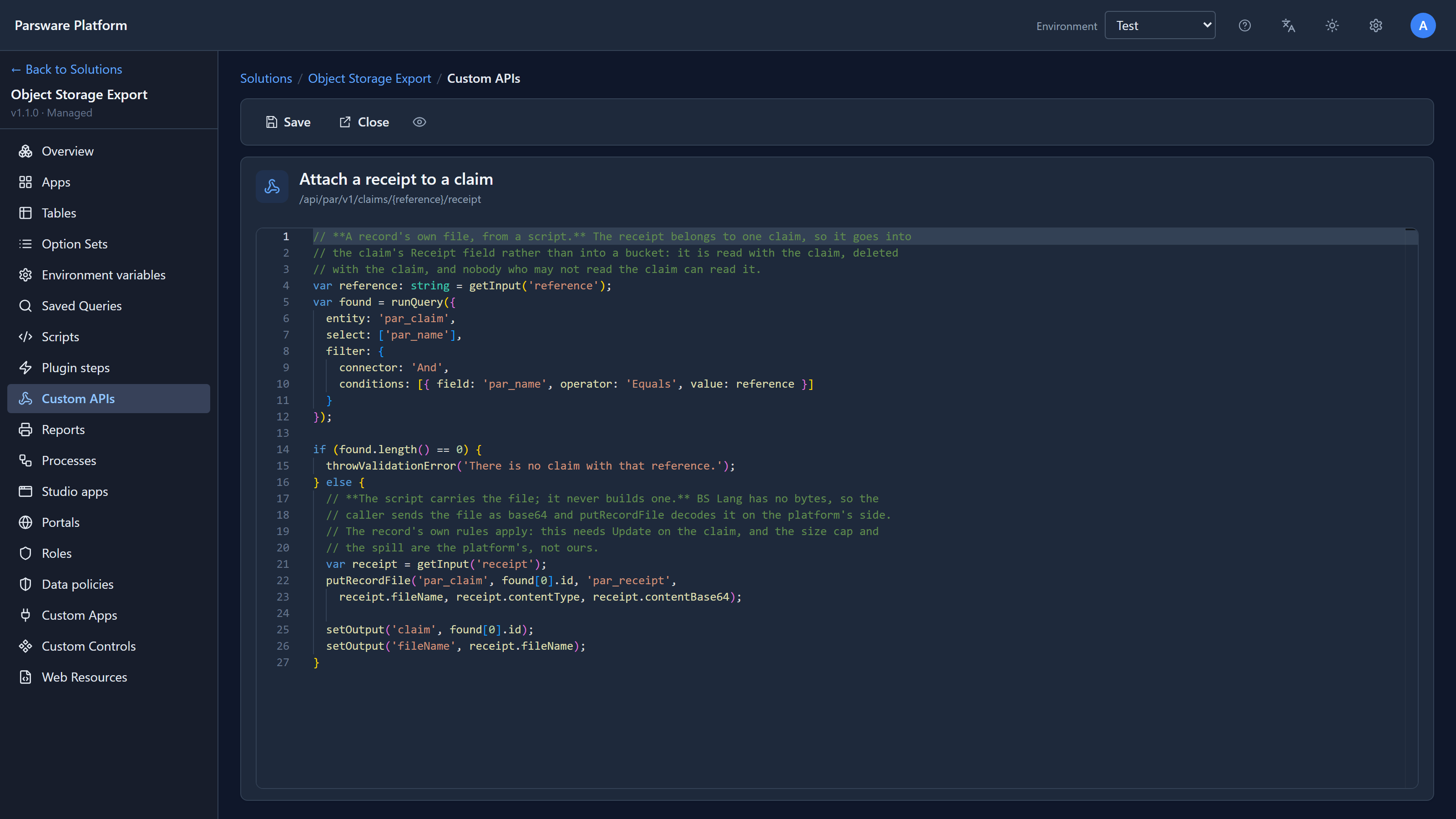 The Attach a receipt to a claim script: it looks up the claim with runQuery, refuses when there is none, then calls putRecordFile with par_claim, the claim's id, par_receipt, and the file name, type and base64 content from the request