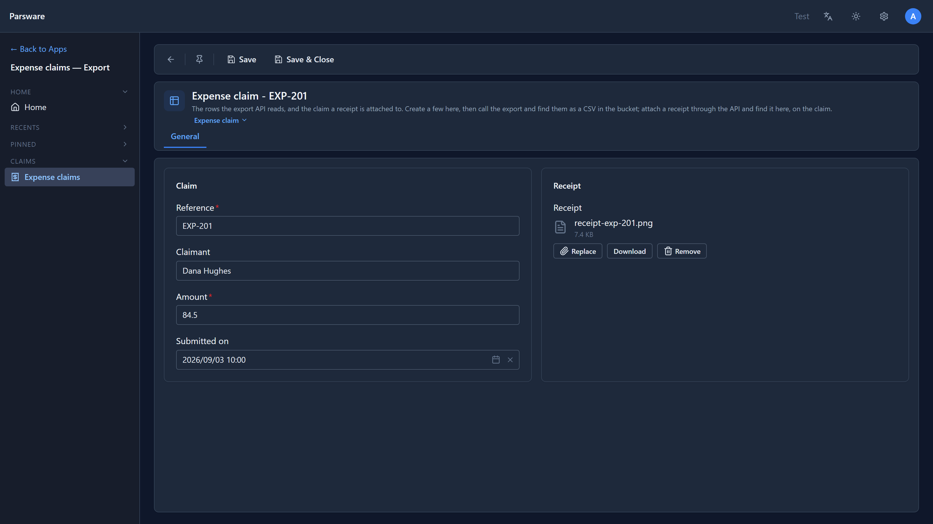 The EXP-201 claim form: the claim's details on the left, and a Receipt section on the right with receipt-exp-201.png, 7.4 KB, and Replace, Download and Remove buttons