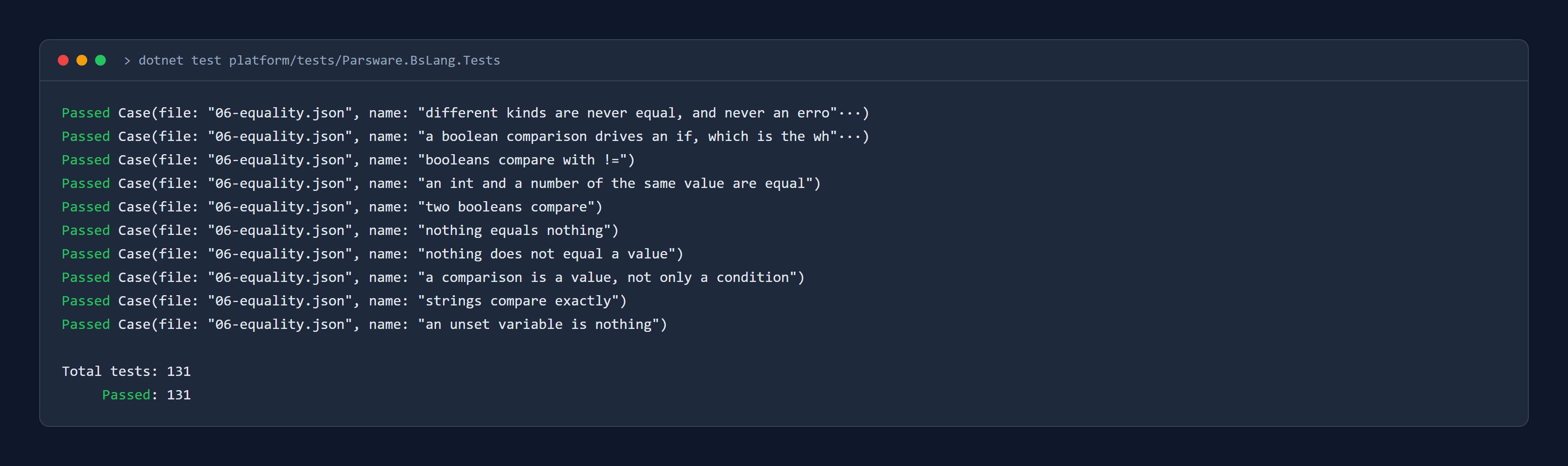 The dotnet test output for the same ten equality cases, each Passed, then Total tests 131, Passed 131