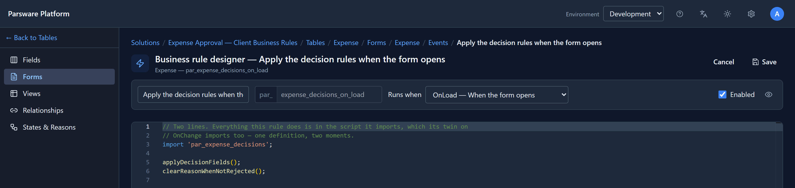 The business rule designer for Apply the decision rules when the form opens: Runs when OnLoad, and a two-line script that imports par_expense_decisions and calls applyDecisionFields and clearReasonWhenNotRejected