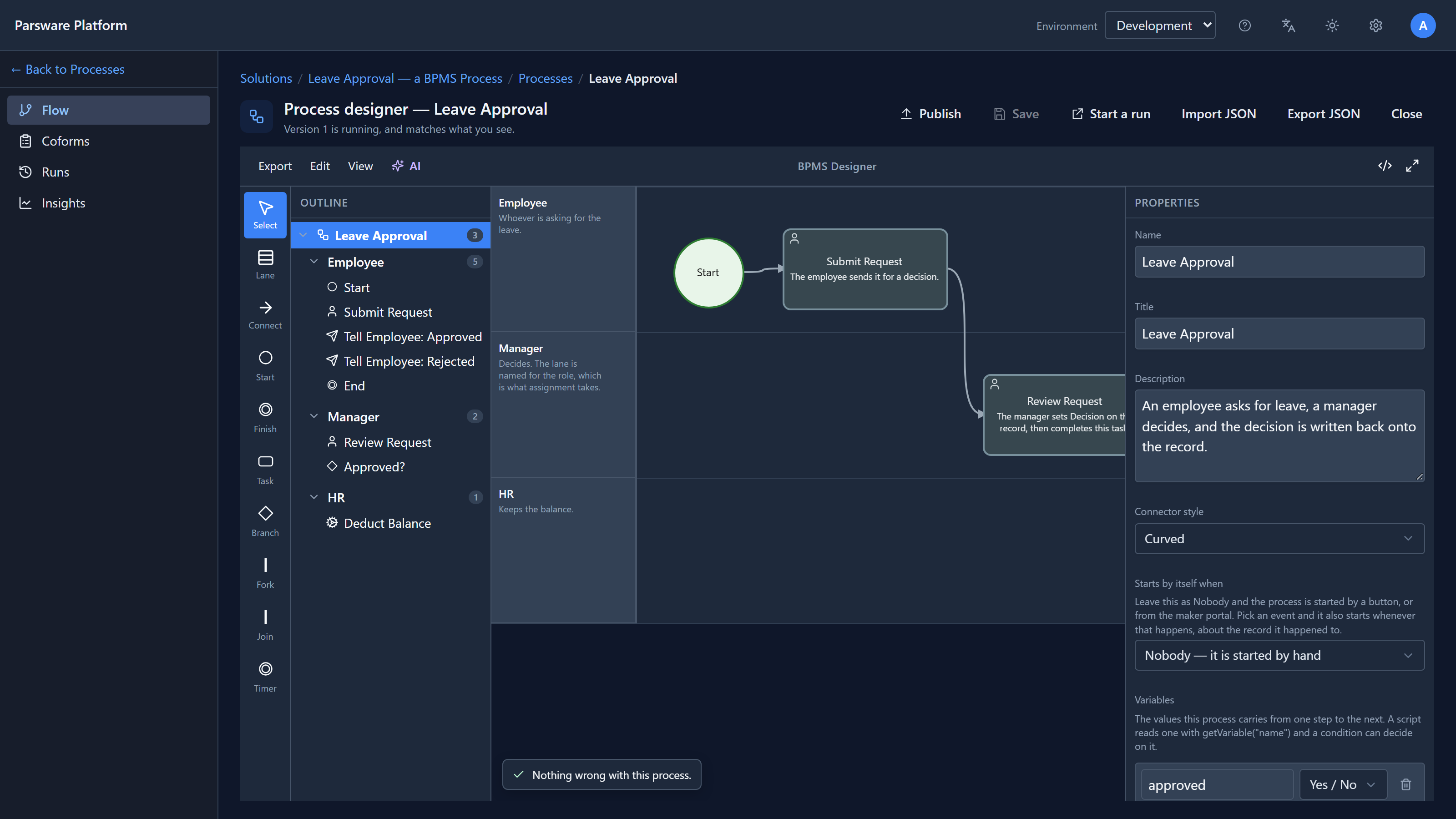 The Leave Approval process in the process designer: lanes for Employee, Manager and HR, with Start, Submit Request and Review Request, and an outline listing Approved?, Tell Employee: Approved, Tell Employee: Rejected and Deduct Balance