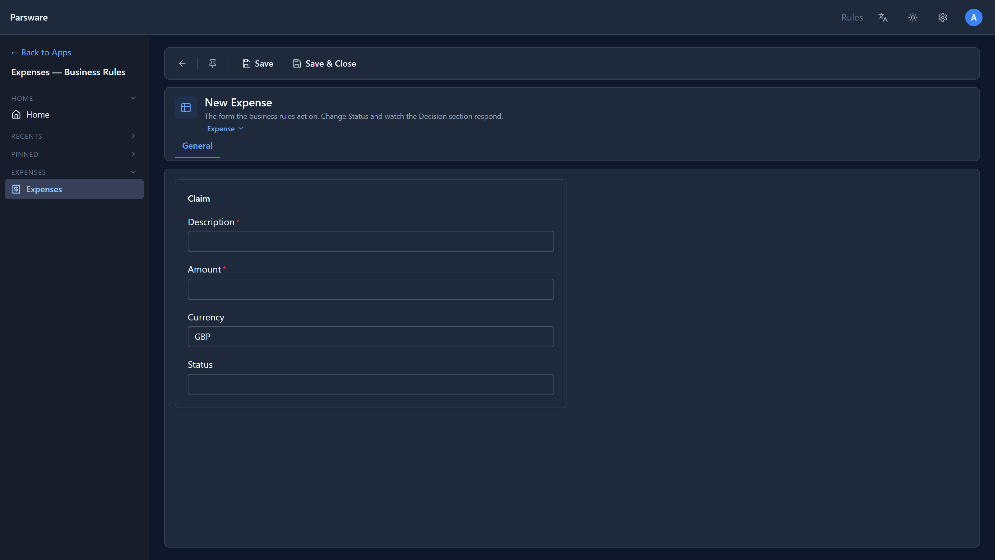 A new expense with Description, Amount, Currency set to GBP and an empty Status, and no Decision section