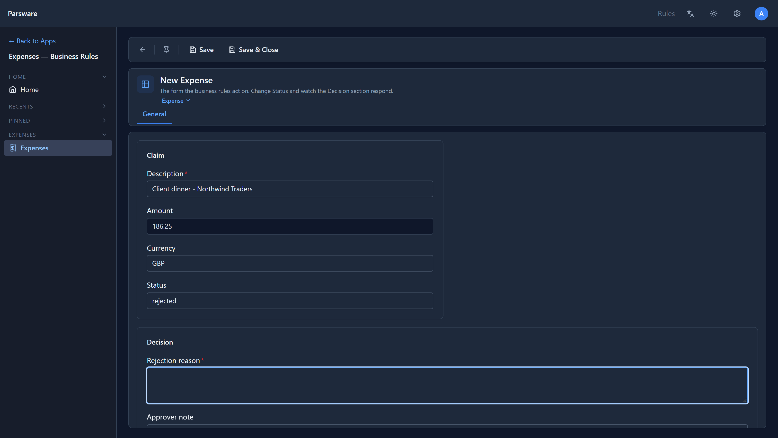 The same form with Status set to rejected: a Decision section appears with Rejection reason, marked with a red star, and Approver note. Amount is now read-only