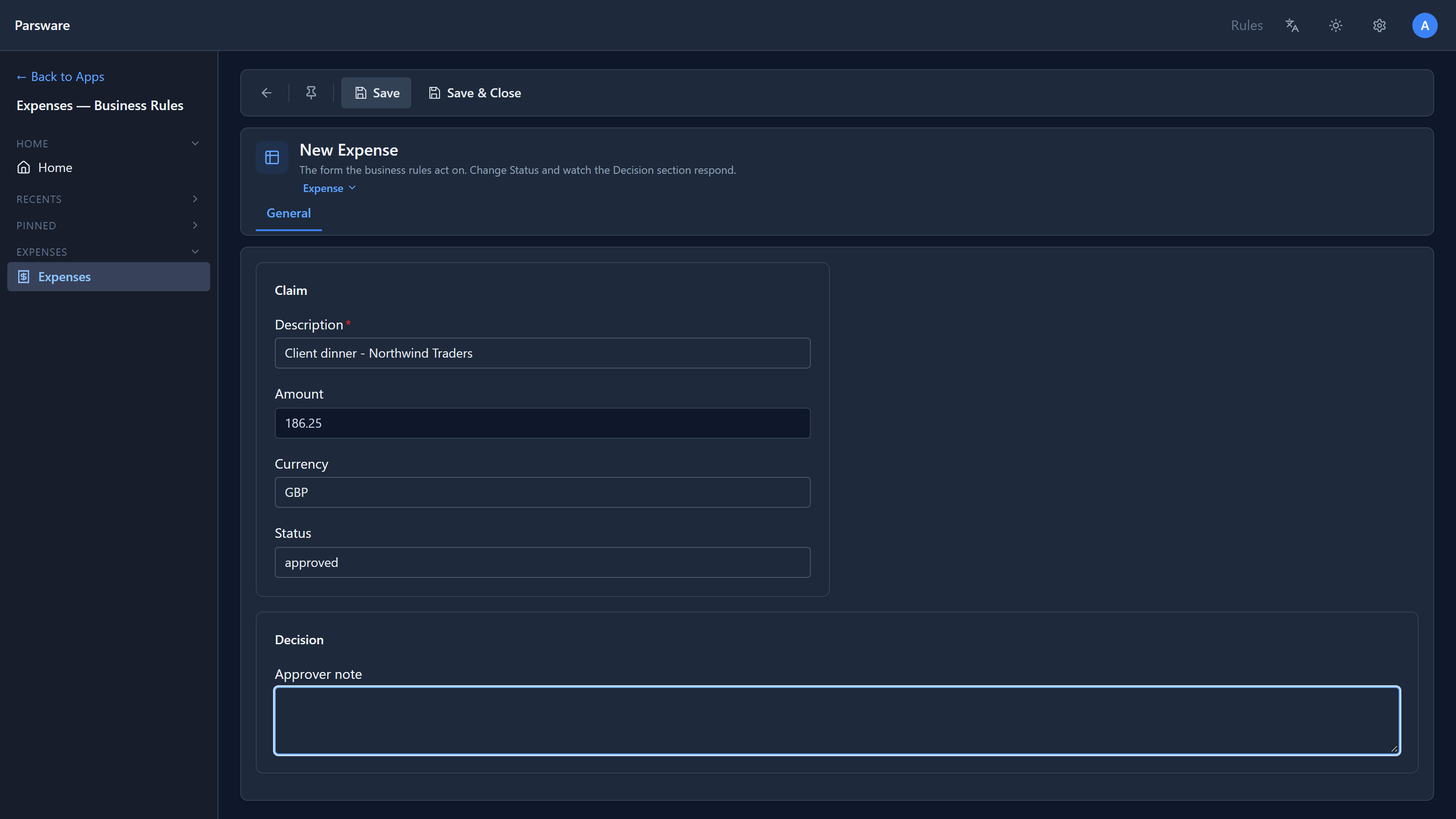 Status set to approved: the Decision section shows only Approver note