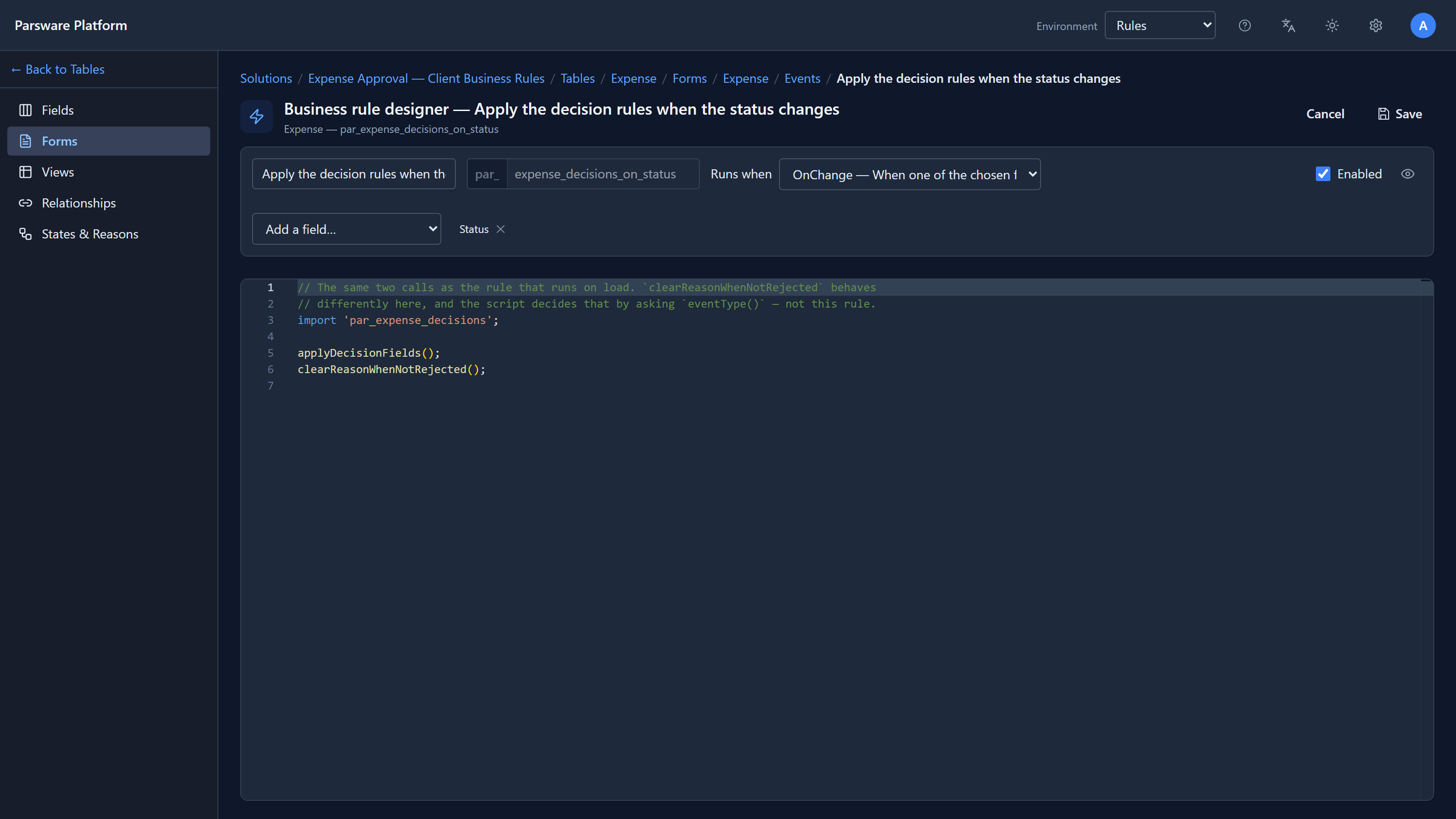 The business rule designer for Apply the decision rules when the status changes: Runs when OnChange, the field Status, and a script that imports par_expense_decisions and calls applyDecisionFields and clearReasonWhenNotRejected