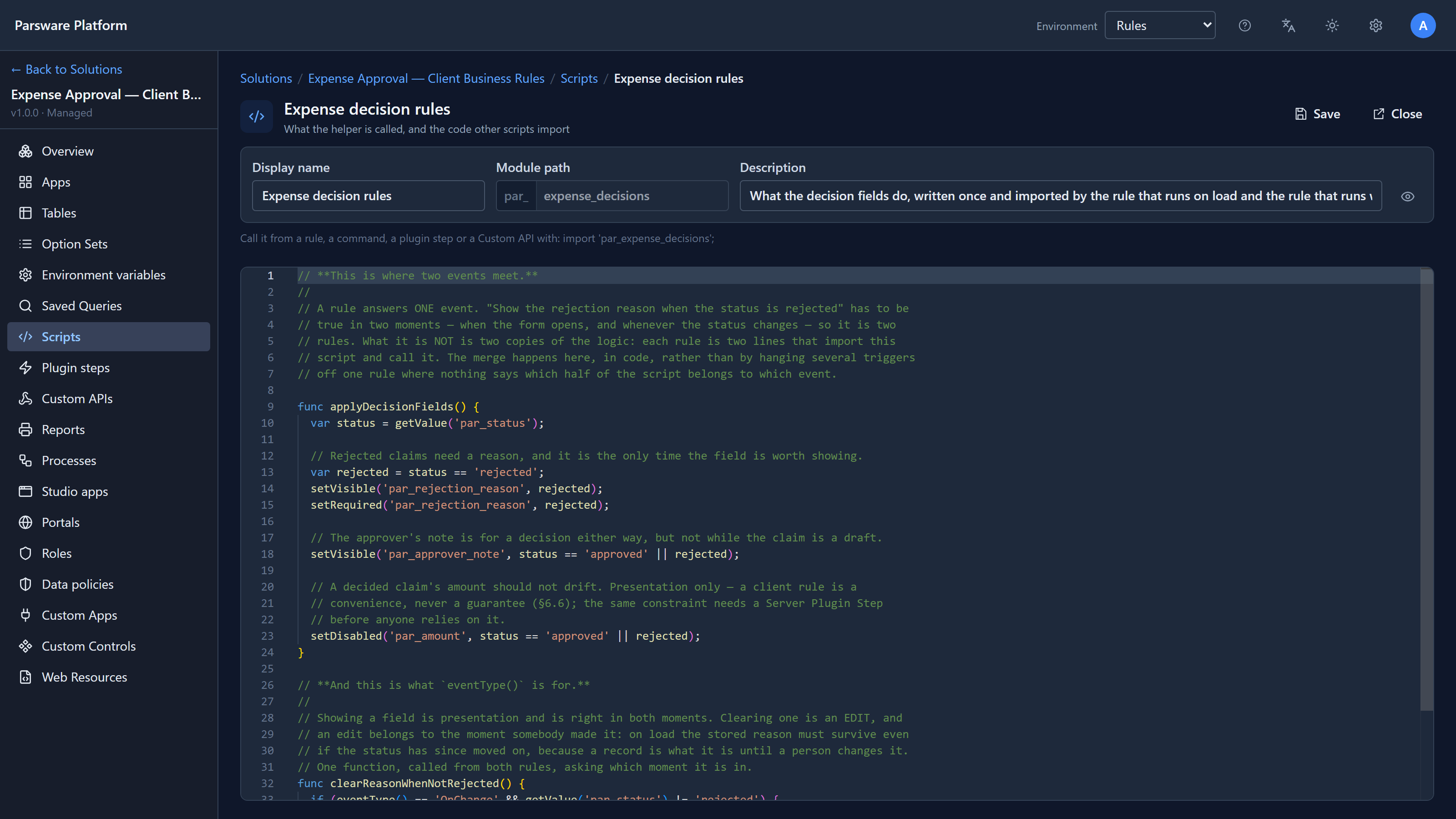 The Expense decision rules script: applyDecisionFields reads the status, then calls setVisible and setRequired on par_rejection_reason, setVisible on par_approver_note and setDisabled on par_amount
