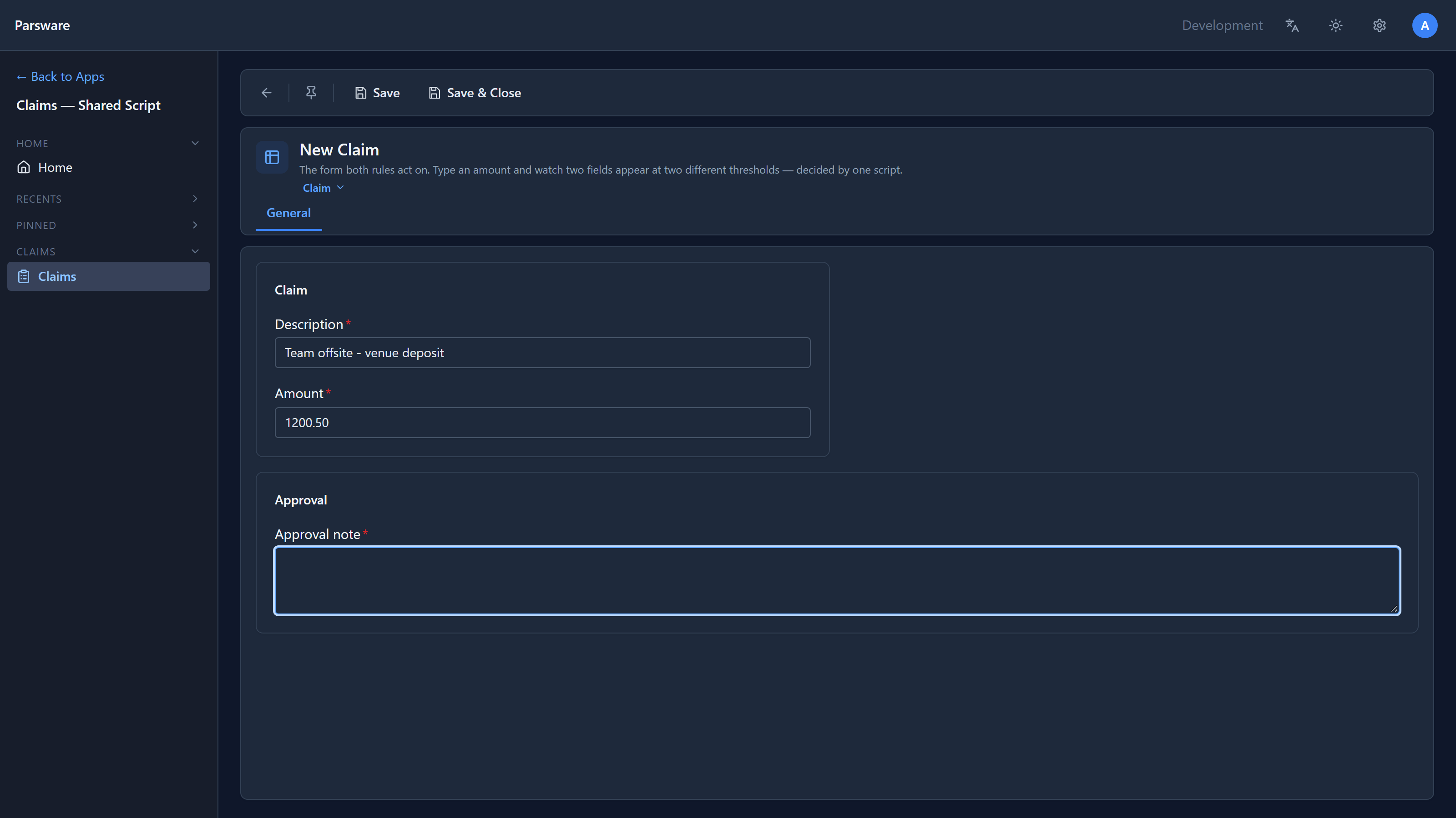 A new claim for Team offsite - venue deposit with an Amount of 1200.50, and an Approval section with a required Approval note
