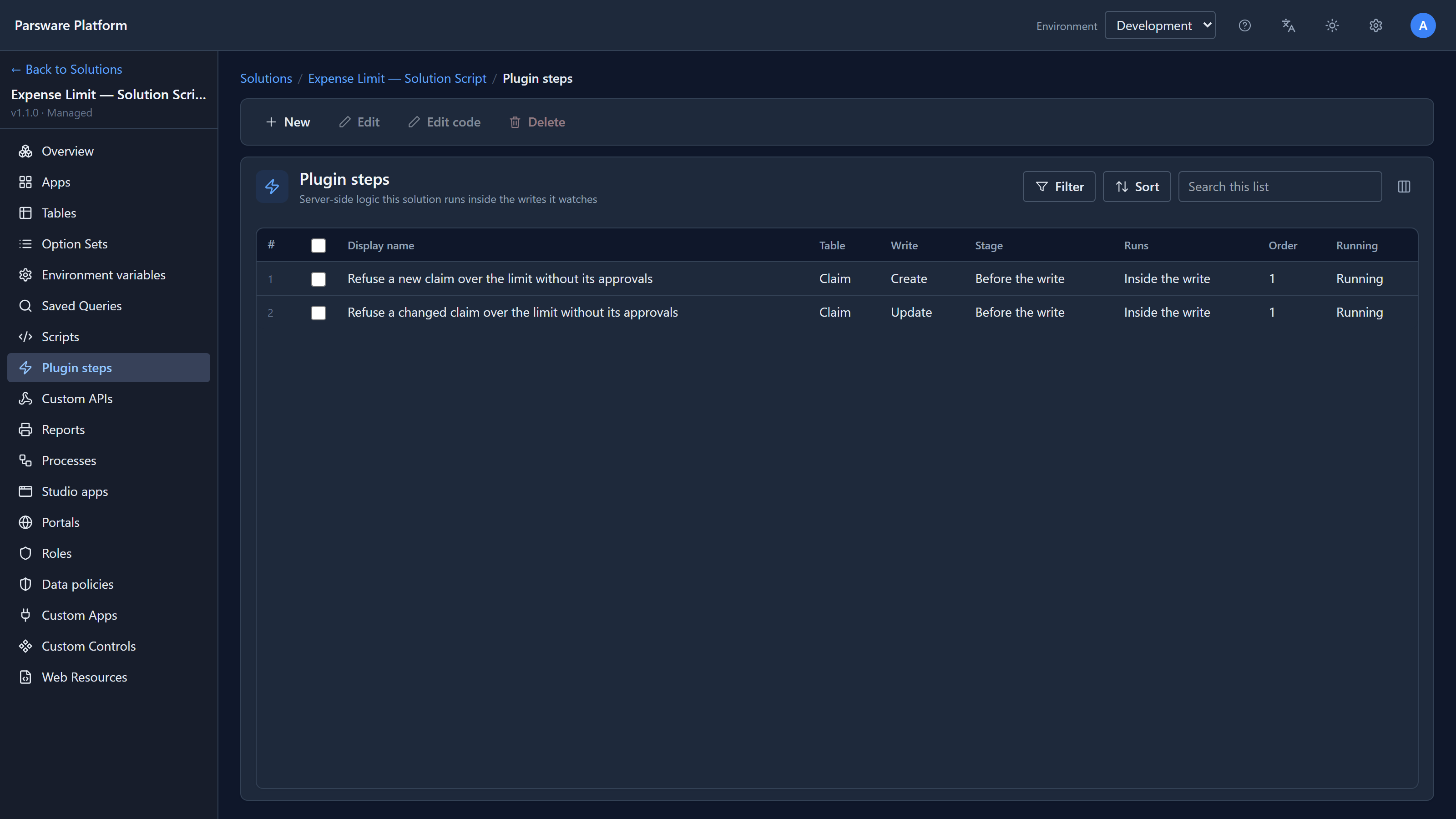 The Plugin steps list: Refuse a new claim over the limit without its approvals, on Claim, Create, Before the write, Inside the write; and Refuse a changed claim over the limit without its approvals, on Claim, Update, Before the write, Inside the write