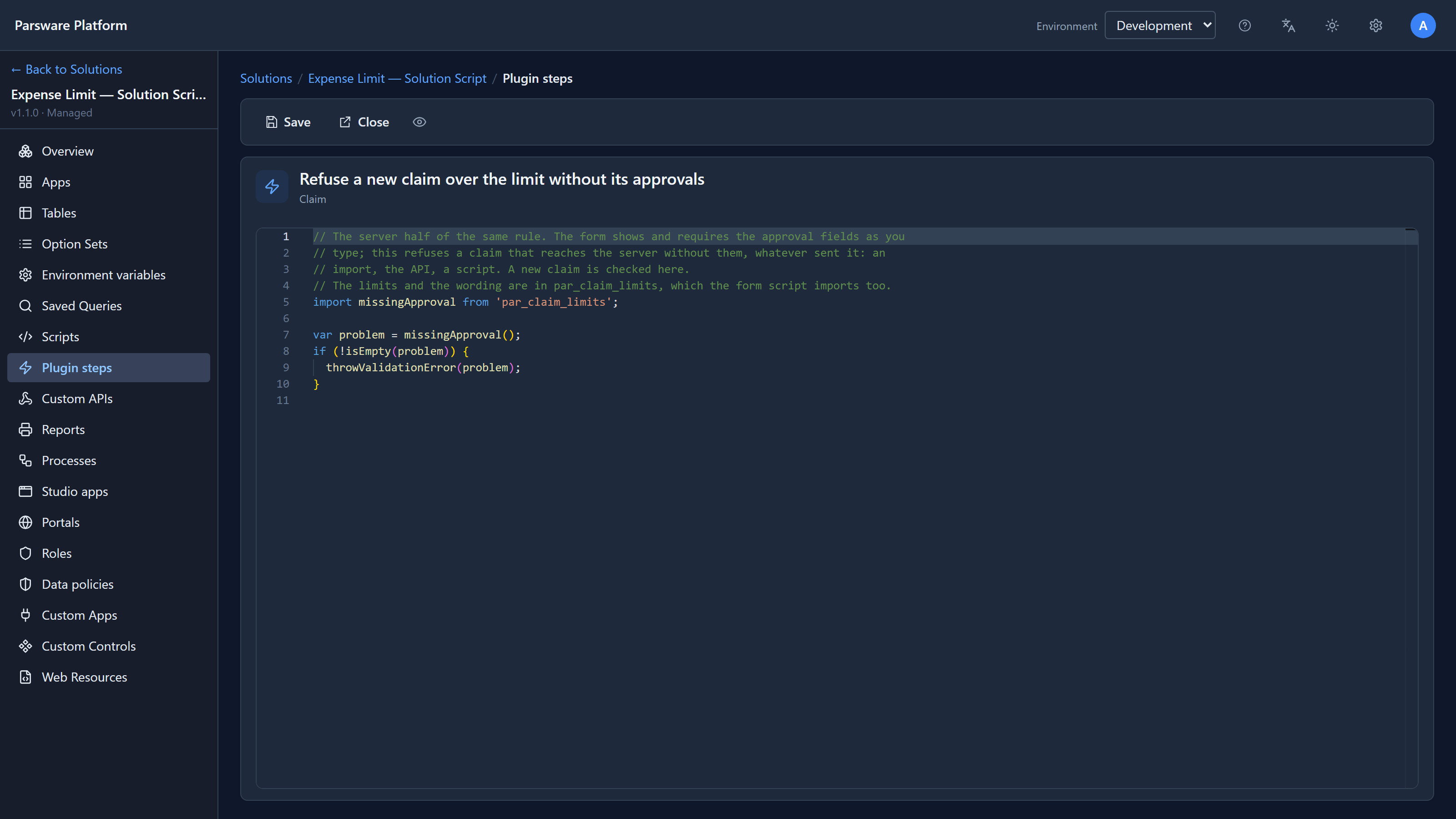 The step's code: import missingApproval from par_claim_limits, then if the answer isn't empty, throwValidationError with it