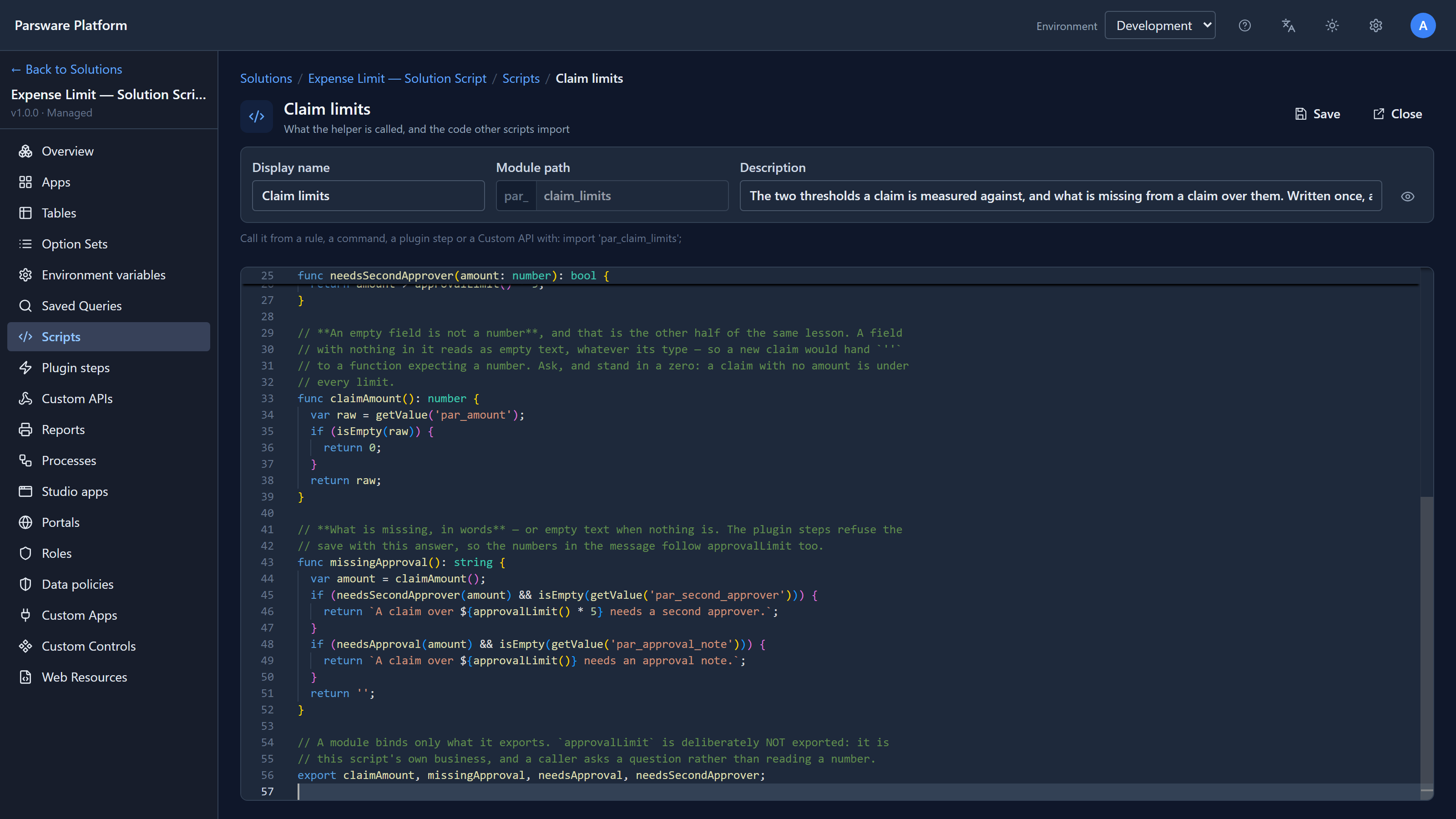 The Claim limits script: missingApproval checks needsSecondApprover and needsApproval against the amount and returns a message built from approvalLimit, and the export line