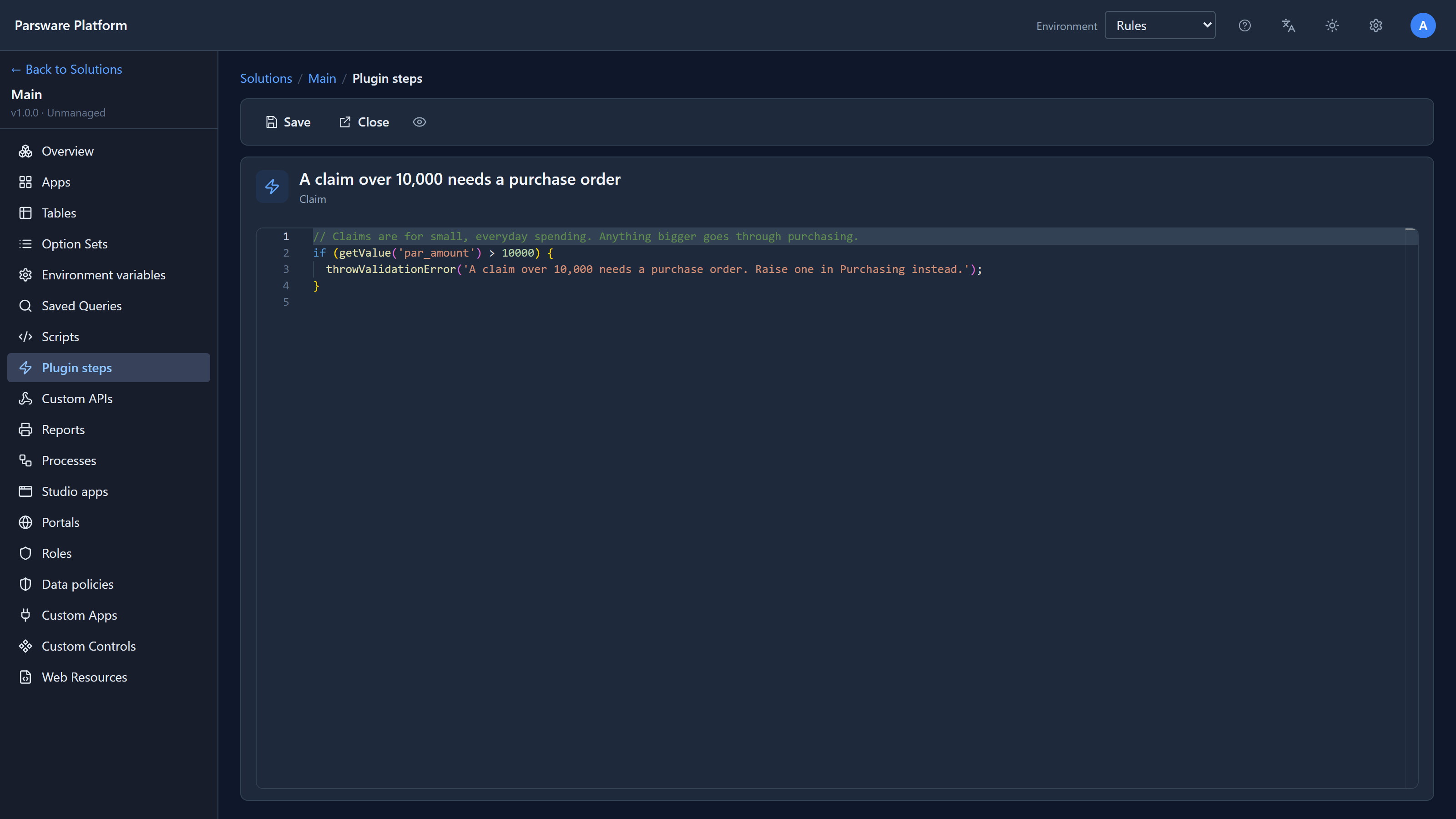 The corrected step code: a comment, if getValue par_amount is over 10000, throwValidationError with the purchase order message