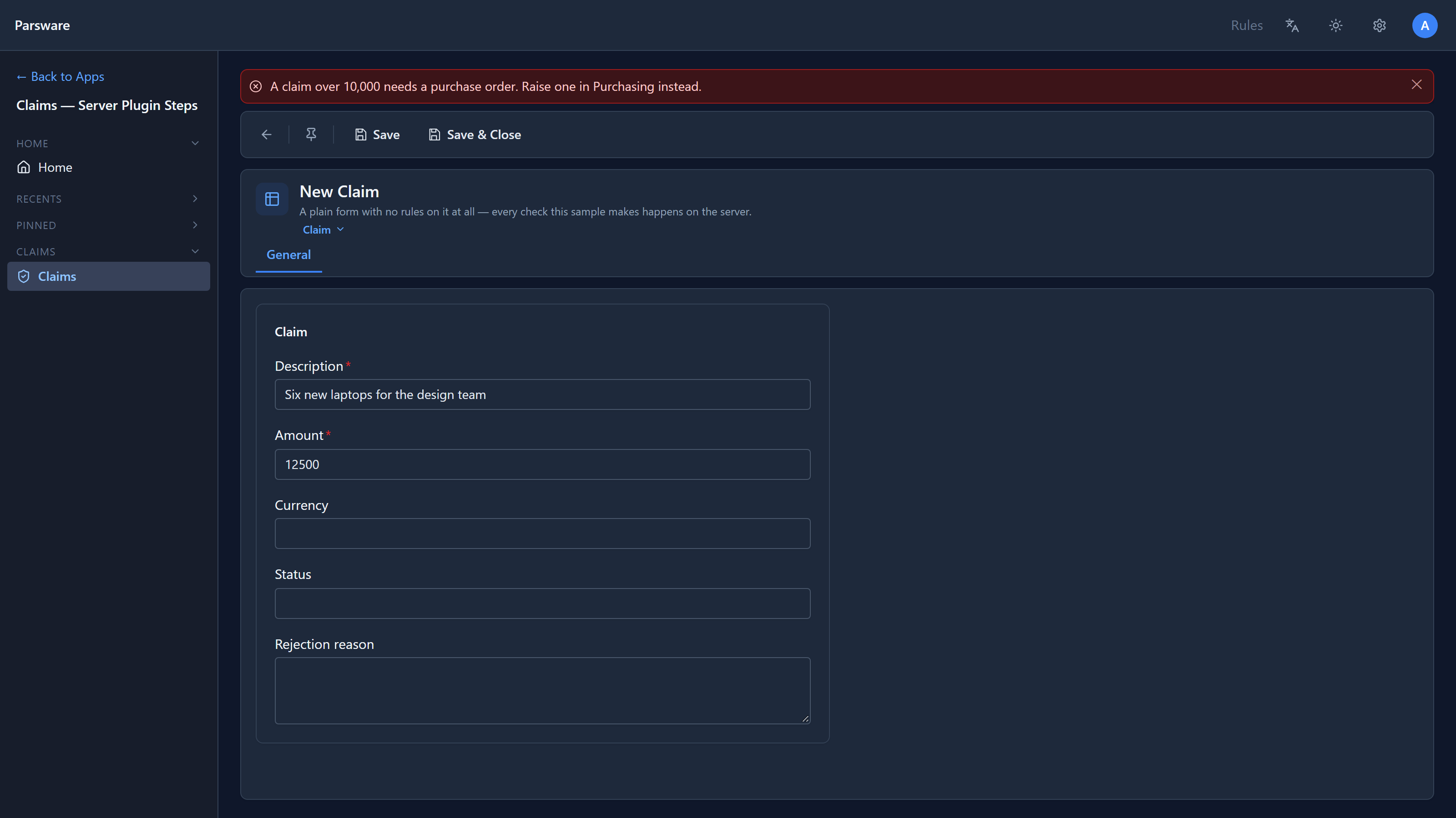 A new claim, Six new laptops for the design team, with Amount 12500 and the message "A claim over 10,000 needs a purchase order. Raise one in Purchasing instead." in a red bar above the form