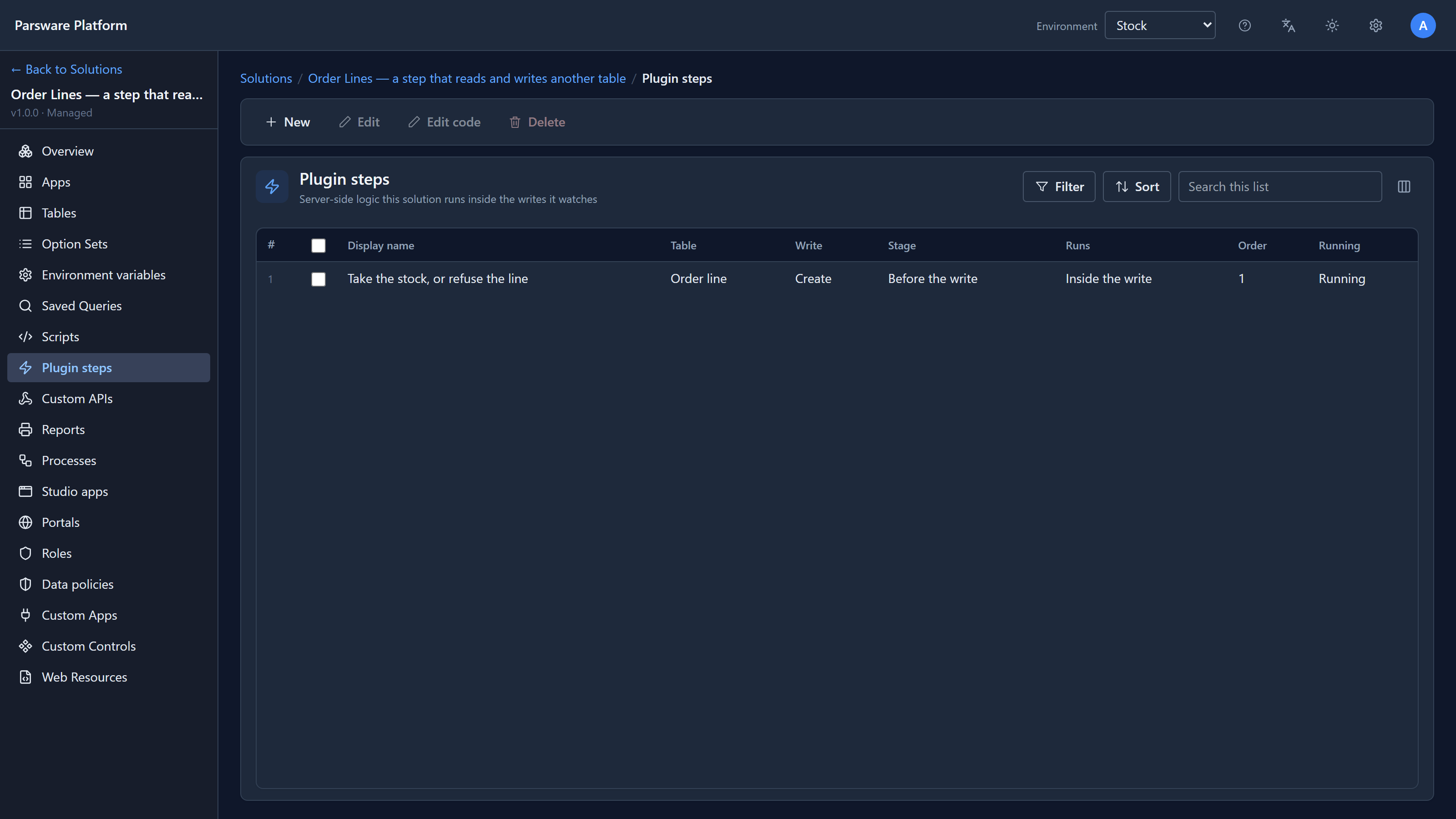The Order Lines solution's Plugin steps list: Take the stock, or refuse the line, on Order line, Create, Before the write