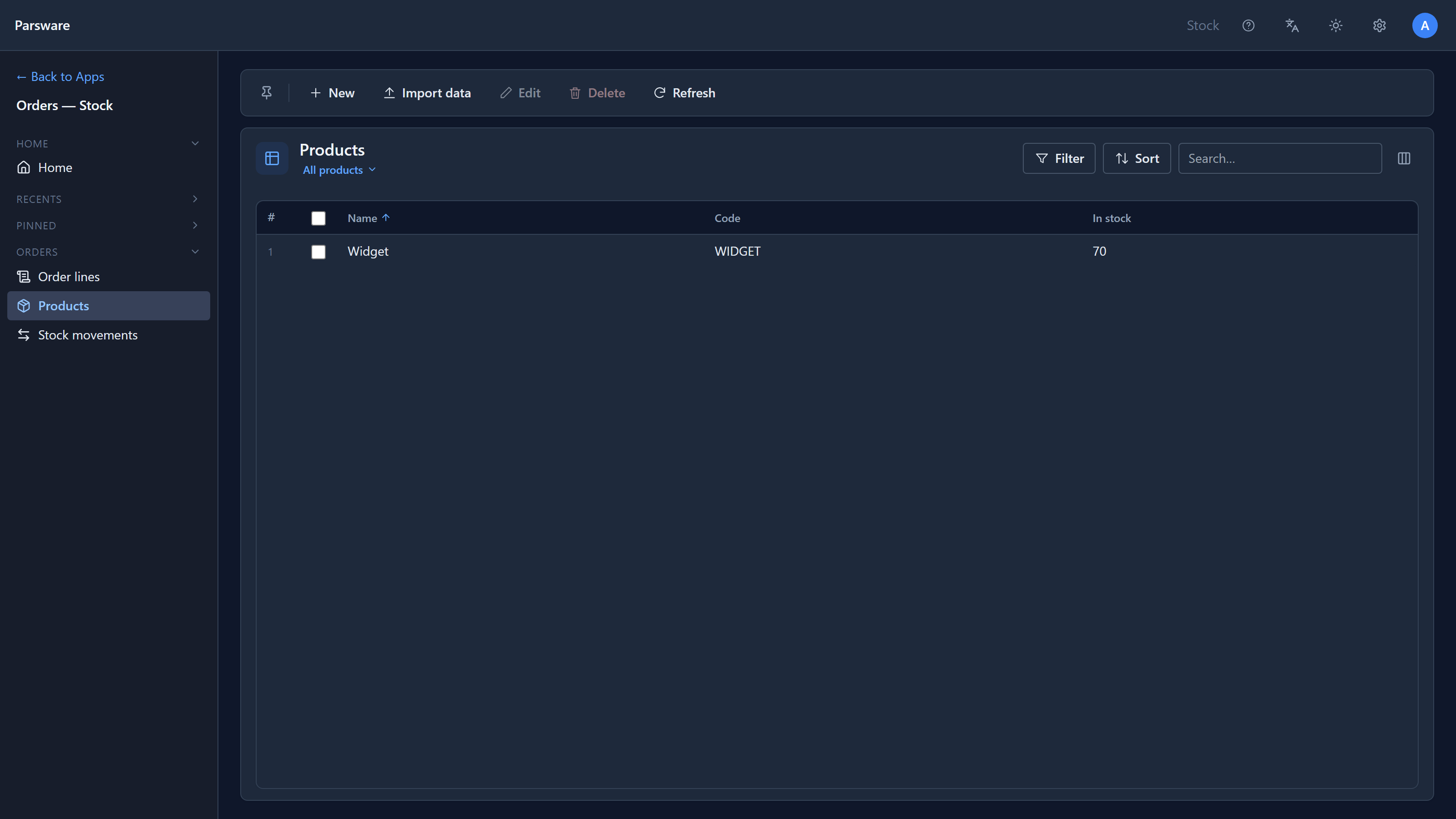 The Products list: Widget, WIDGET, 70 in stock