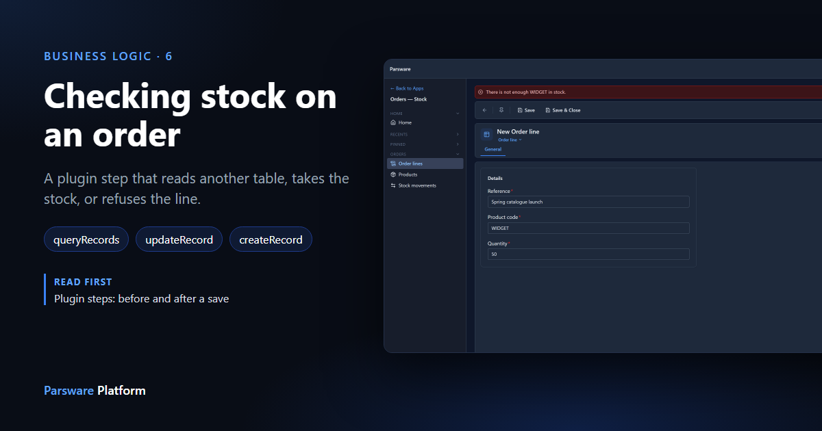 A new order line for 50 WIDGET refused with the message "There is not enough WIDGET in stock." across the top of the form, next to the title "Checking stock on an order"