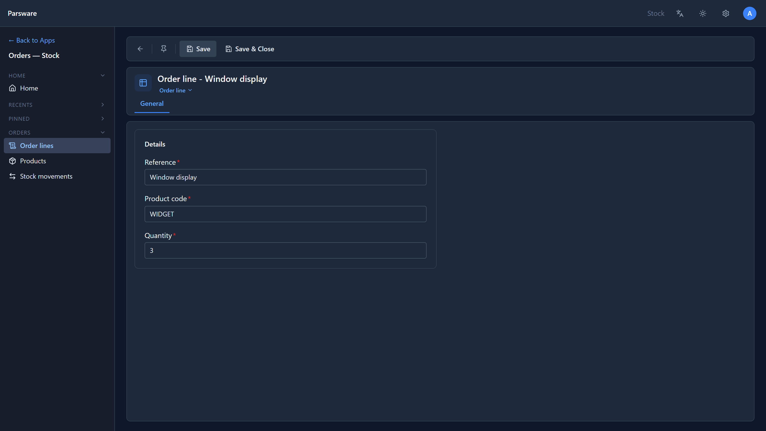 The saved order line Window display: Product code WIDGET, Quantity 3