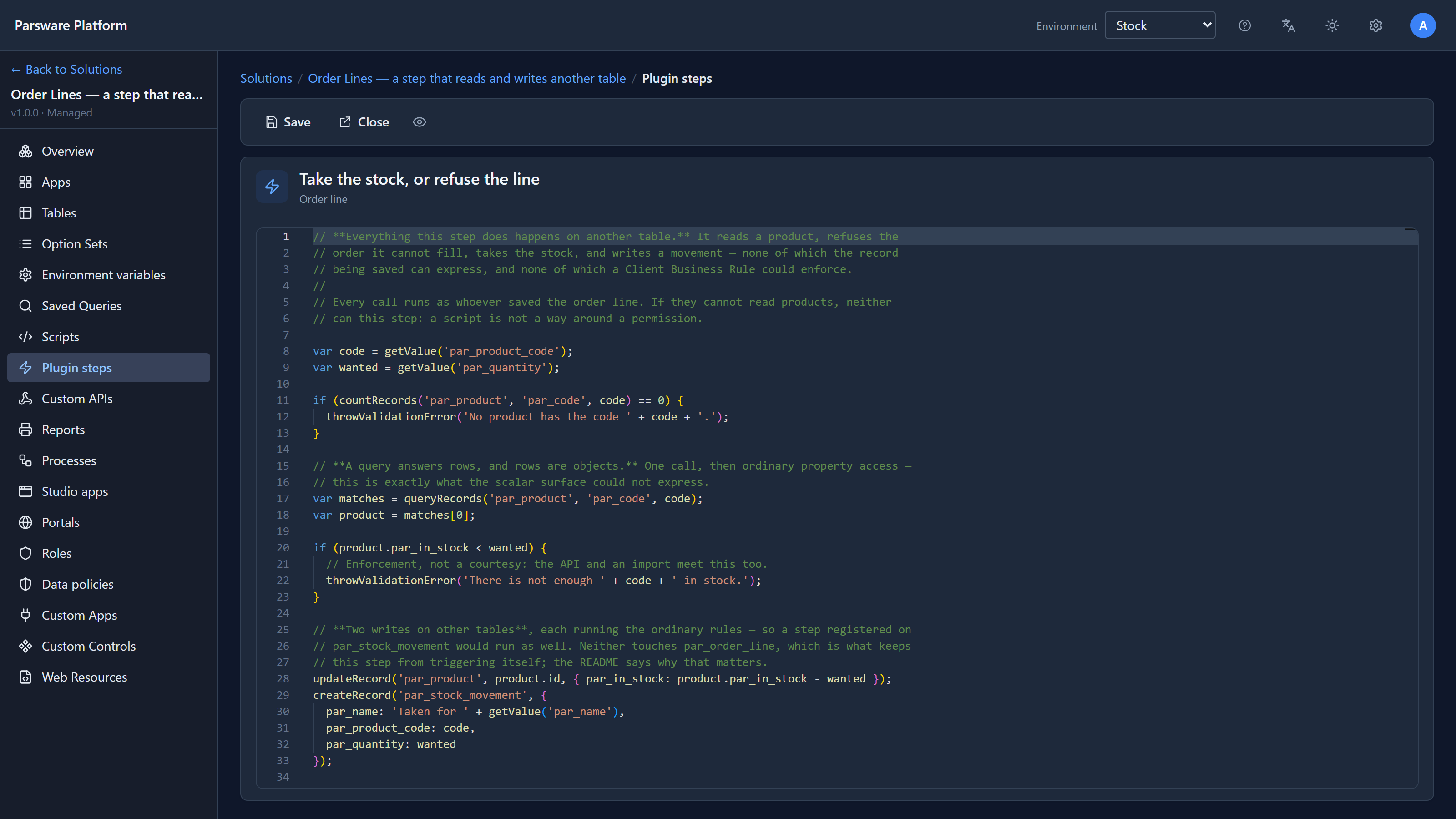 The step's script in the editor, 34 lines: getValue for the code and quantity, countRecords, queryRecords, a stock check, updateRecord and createRecord