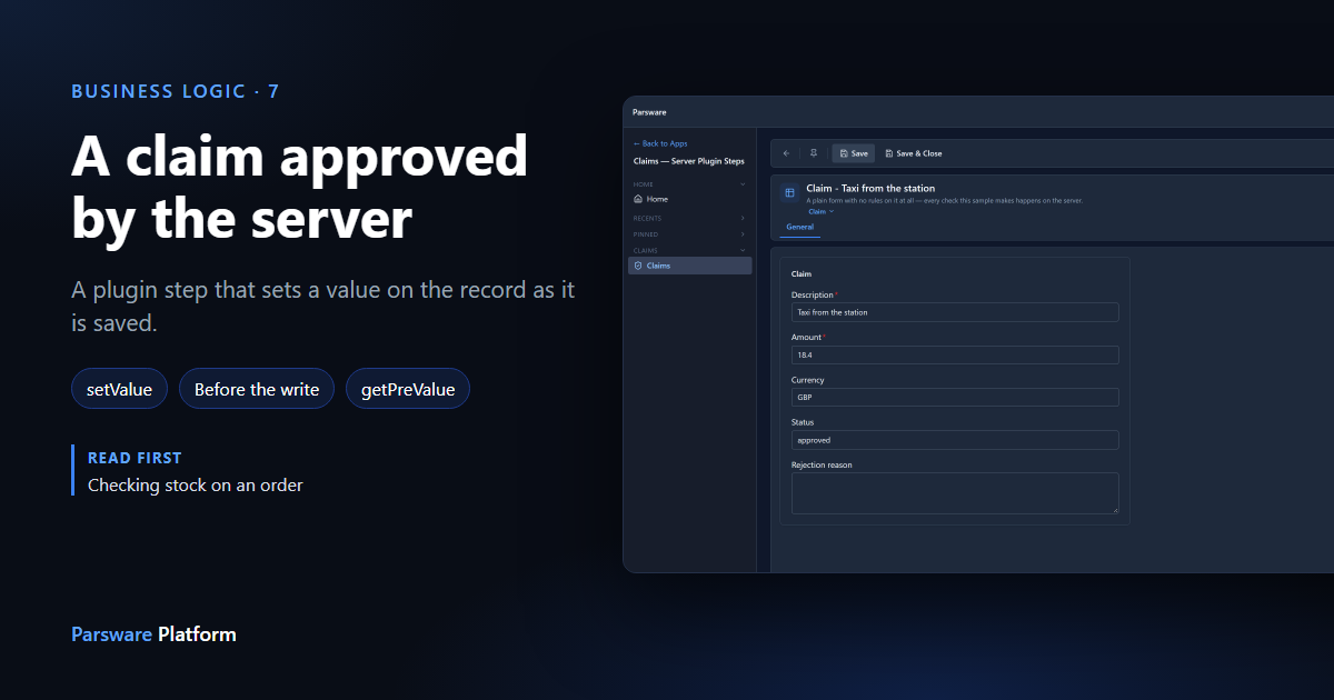 A saved claim, Taxi from the station, for 18.4 GBP with Status approved, filled in by the server, next to the title "A claim approved by the server"