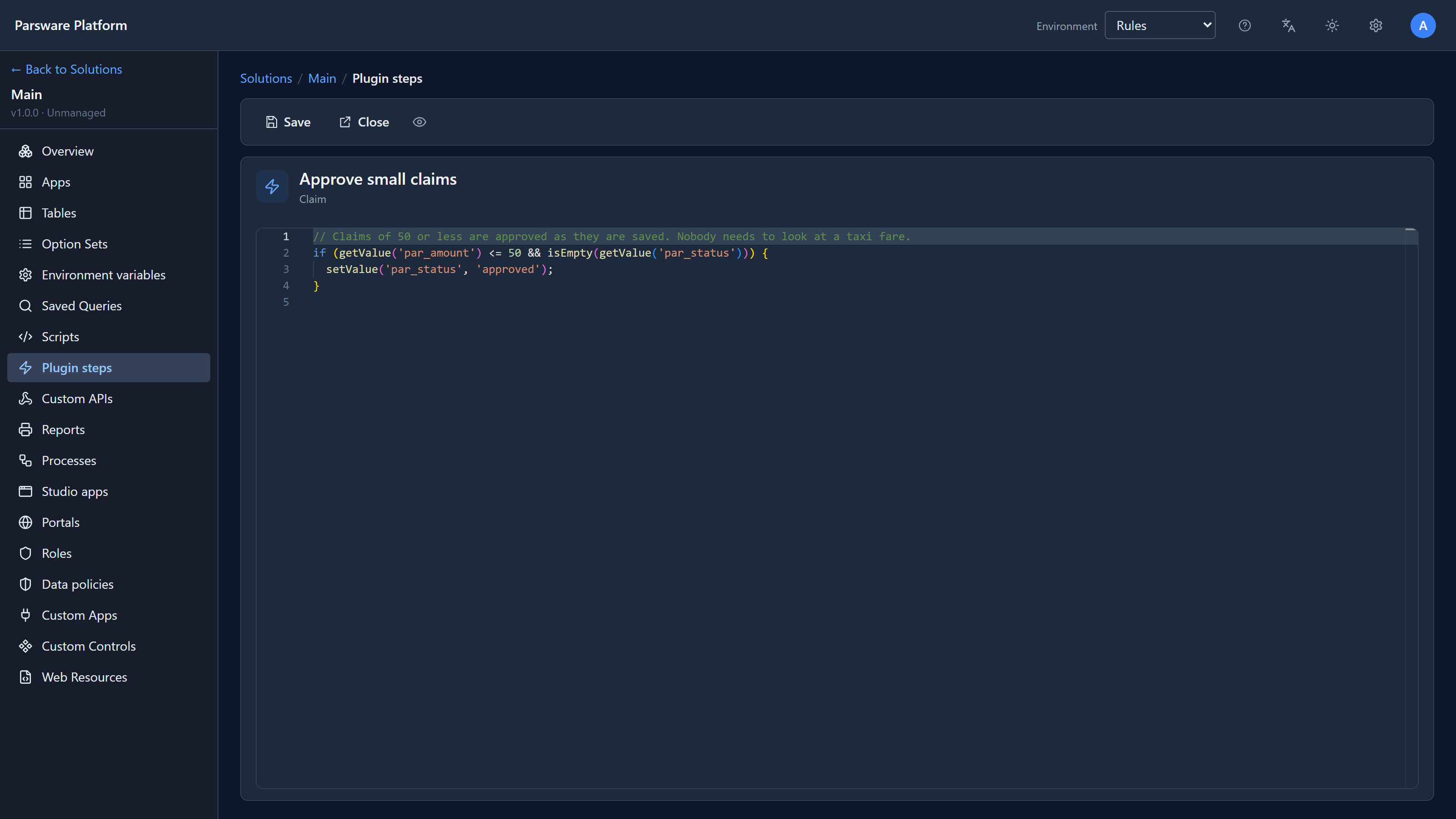 The step's code: a comment, then if par_amount is 50 or less and par_status is empty, setValue par_status to approved