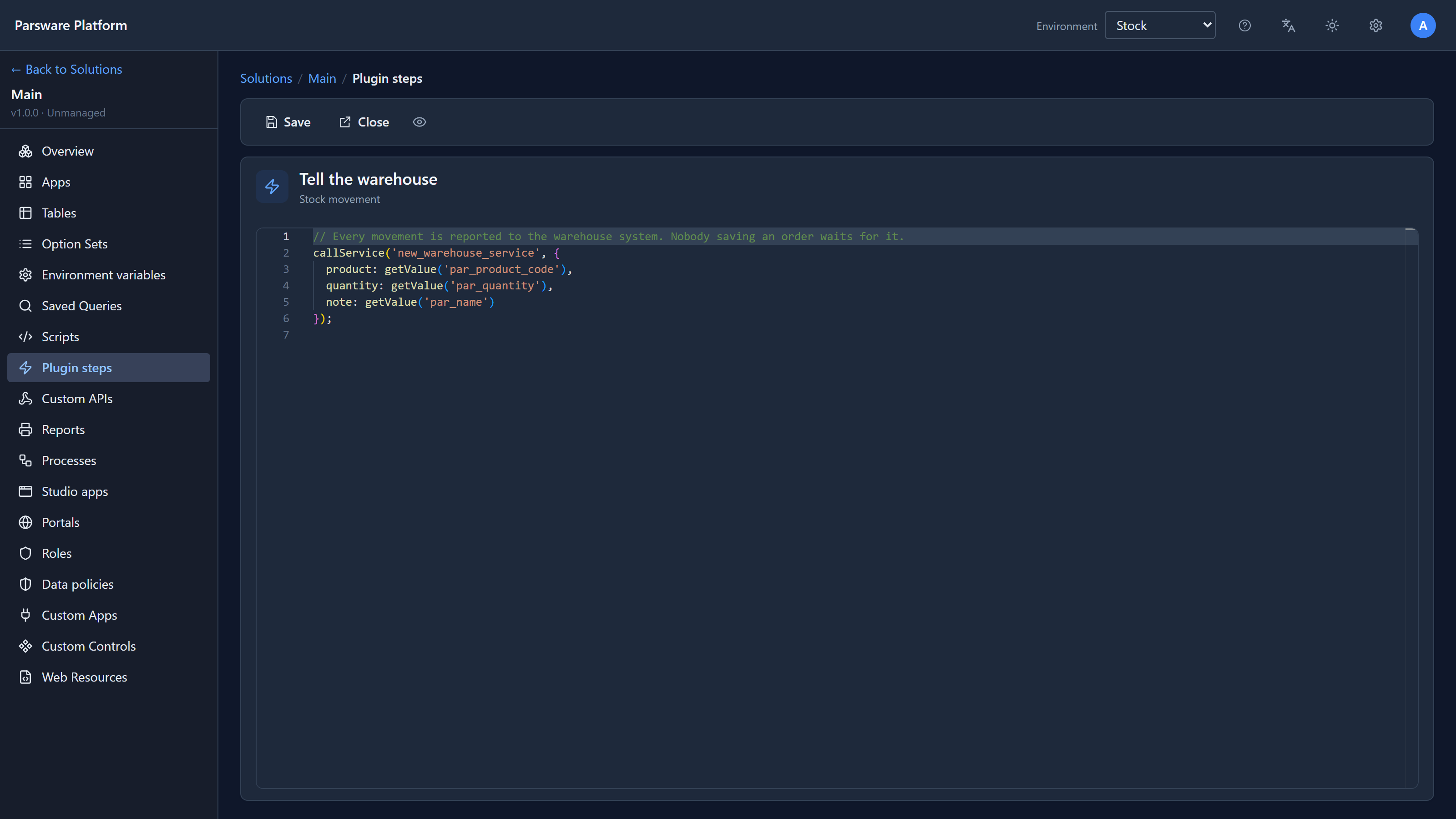 The step's code: callService with new_warehouse_service and an object carrying the product, quantity and note
