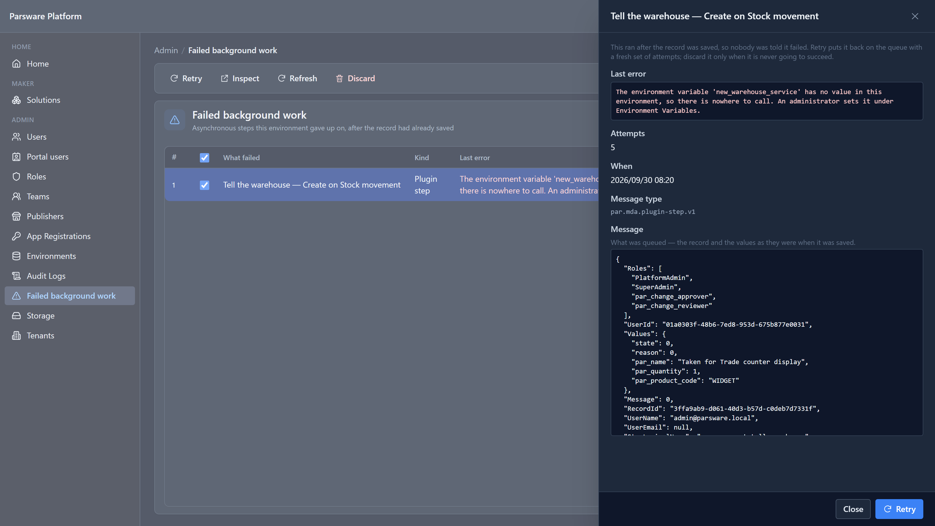 The Inspect panel: the last error in full, 5 attempts, the message type, and the queued message as JSON with the record's values: par_name Taken for Trade counter display, par_quantity 1, par_product_code WIDGET