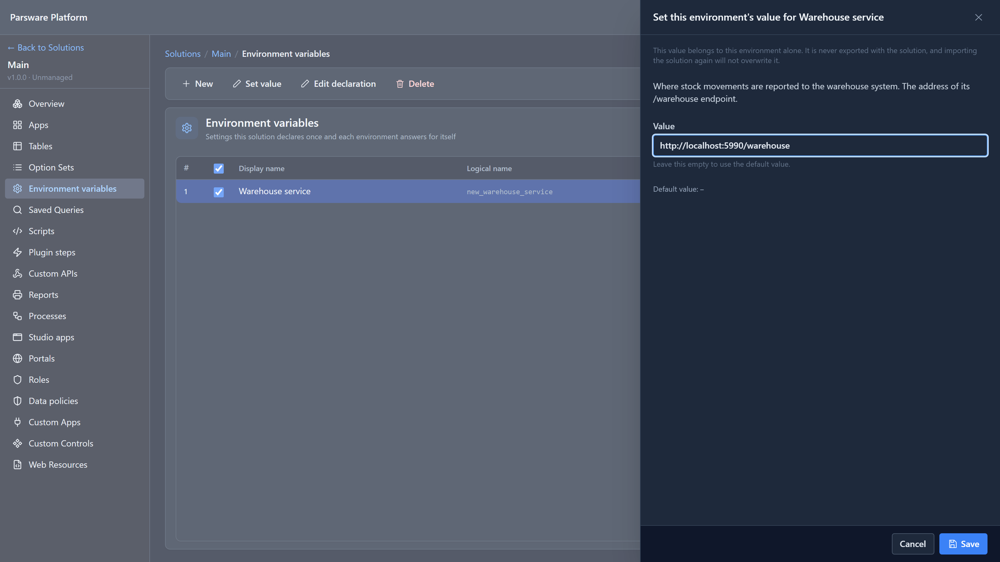 The Set value panel for Warehouse service, with the value http://localhost:5990/warehouse